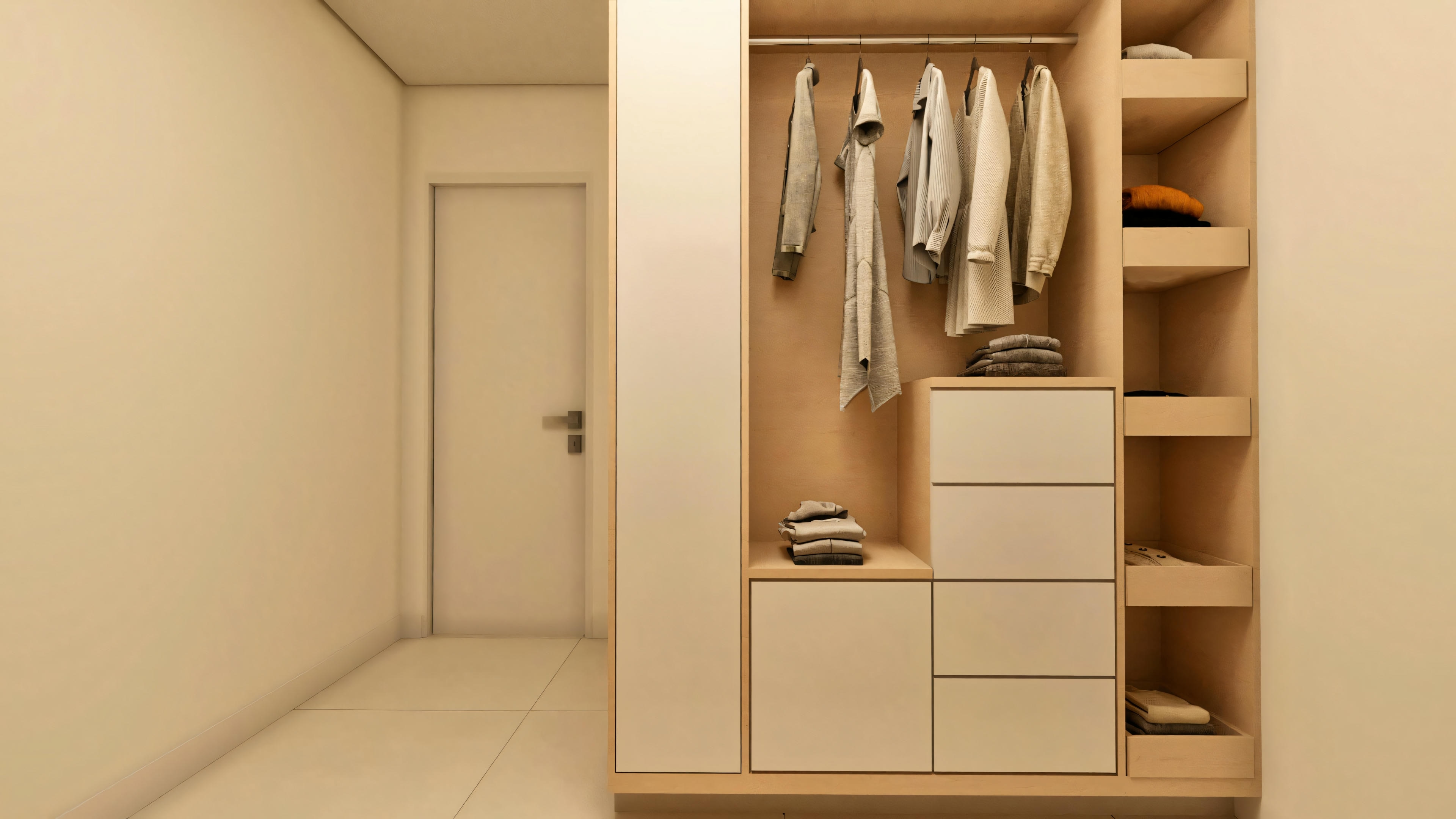 Open planned closet, wardrobe style, in one of the suites of the 3-bedroom ranch house. Light wood-toned furniture with niches, white drawers, and hanger area. Hallway and white door visible to the side.
