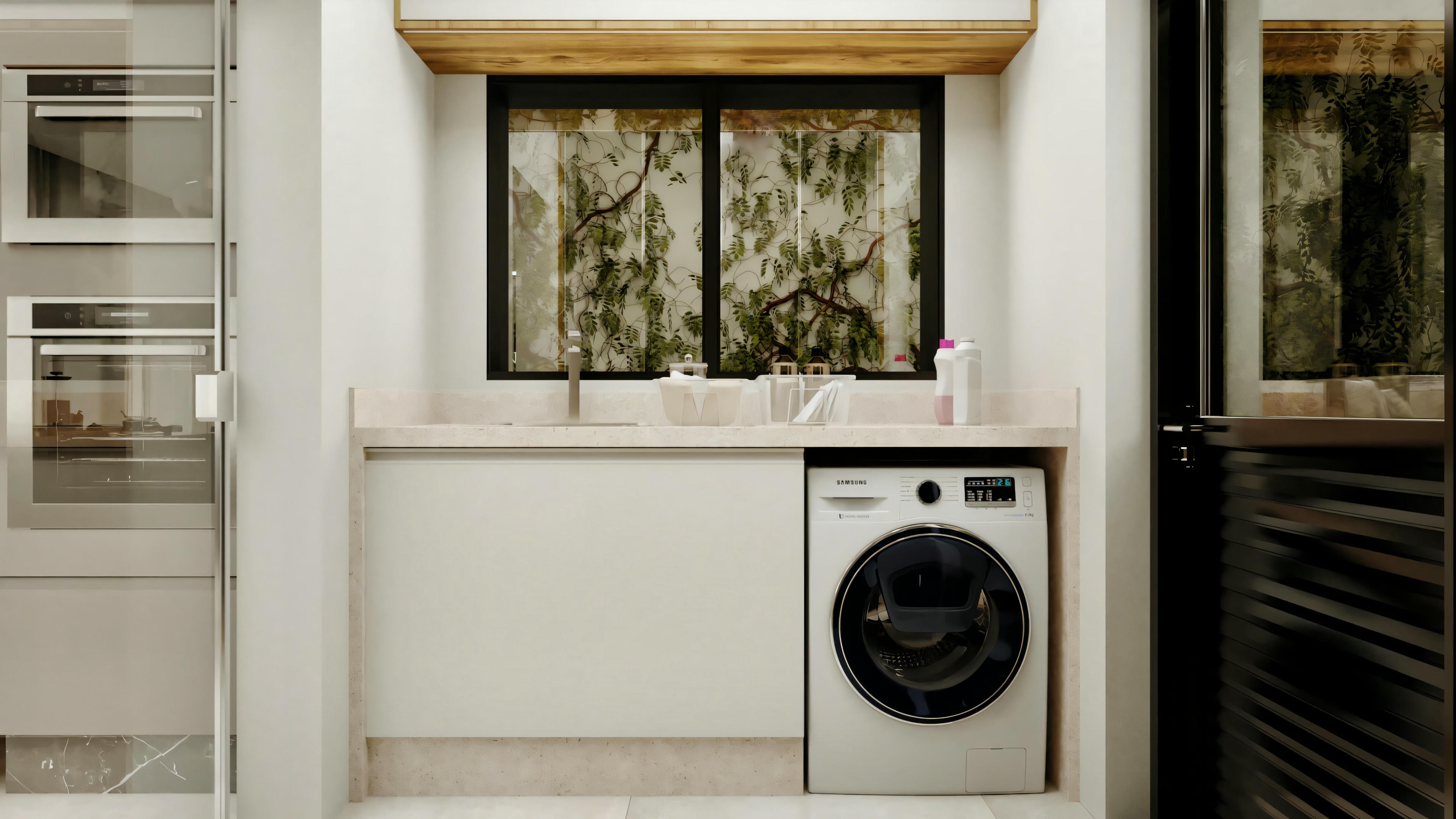 Functional service area of a modern type 4 house, showing a washing machine under a countertop with a sink, planned cabinets, and a window. Oven tower visible to the left.