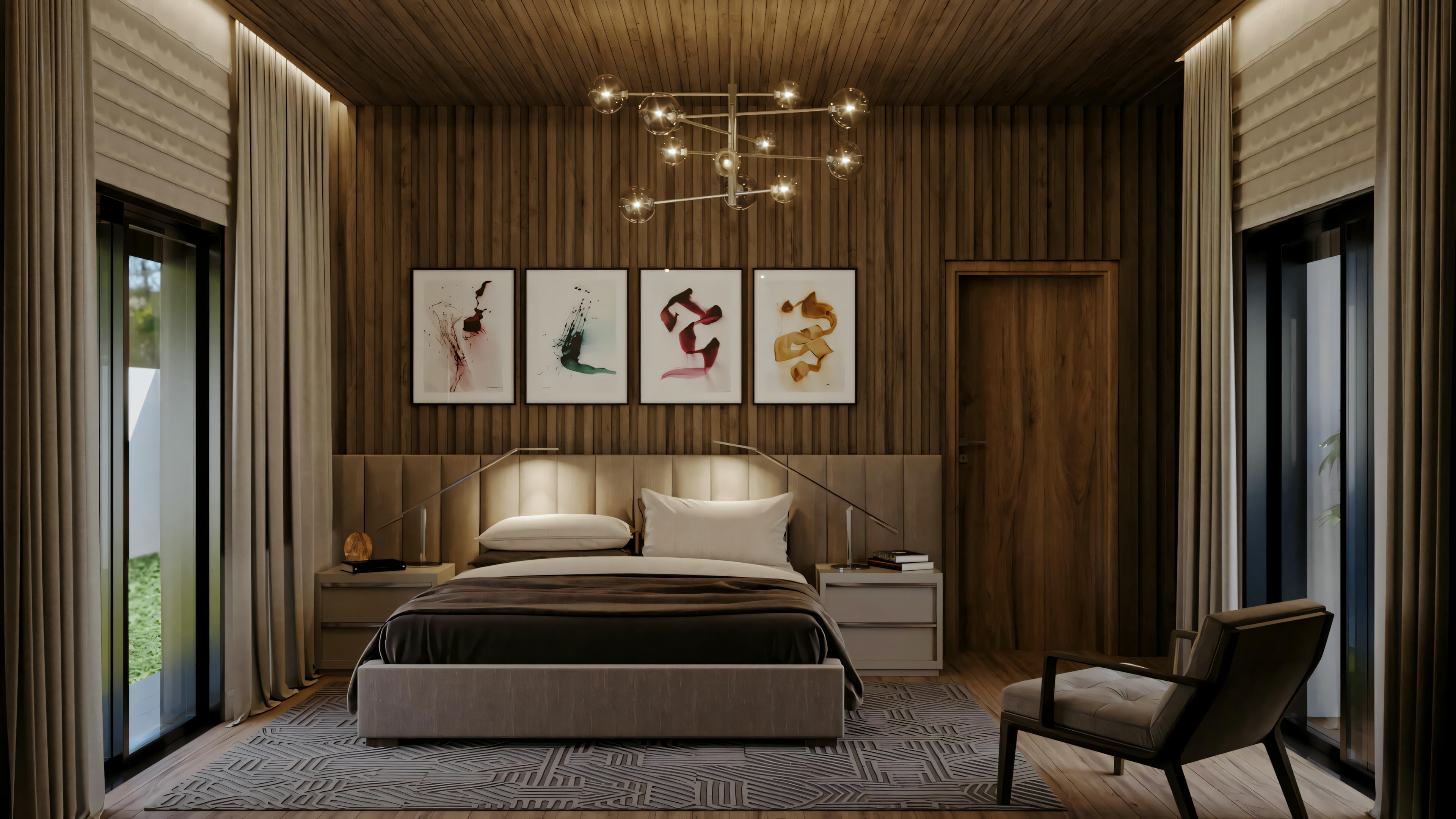 Quarto com cama, mesas de cabeceira, abajures e obras de arte emolduradas acima da cama.