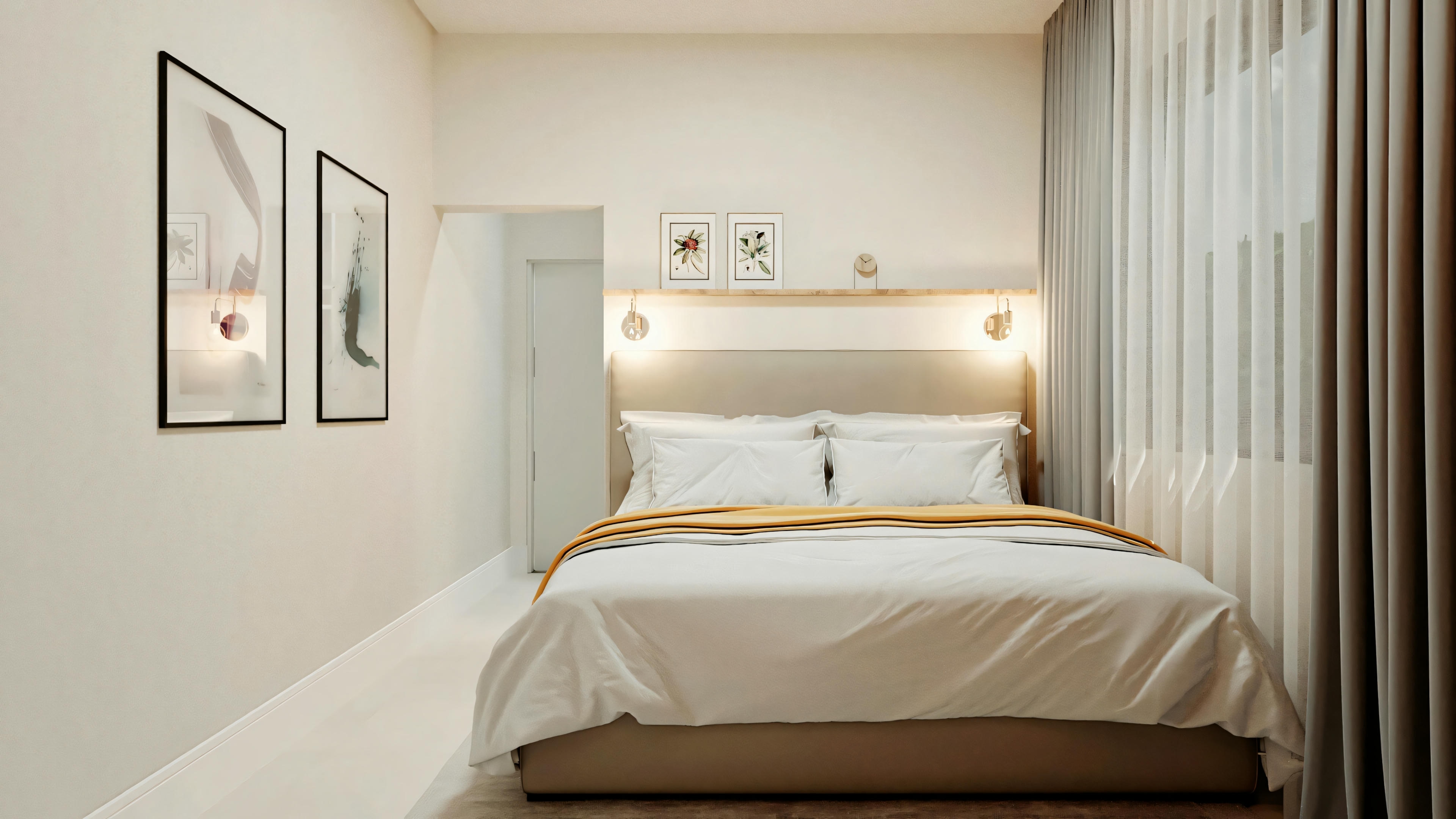 Quarto com cama arrumada, paredes claras, cabeceira escura e duas luminárias de parede.