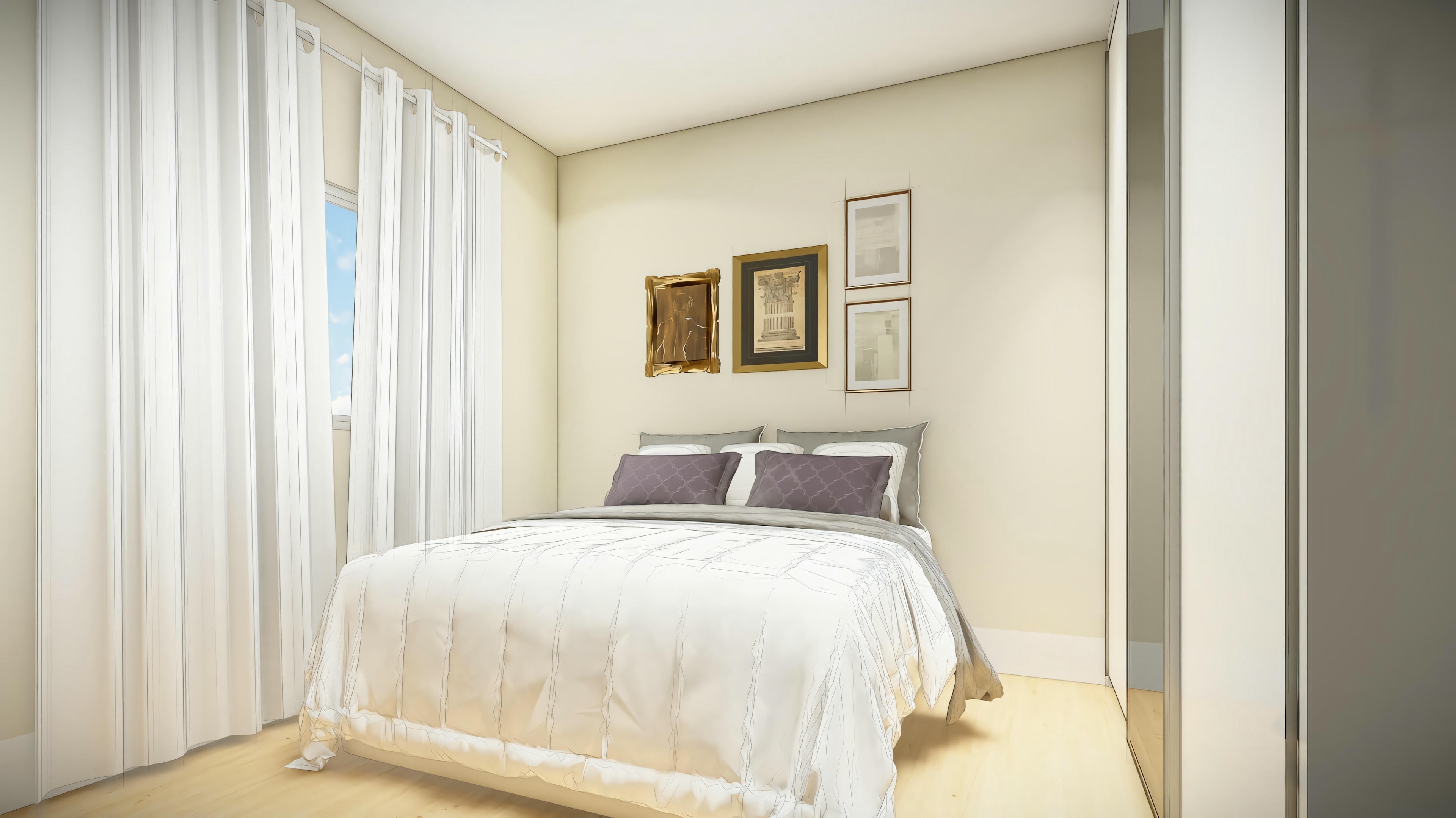 Um quarto com uma cama e mesas de cabeceira.