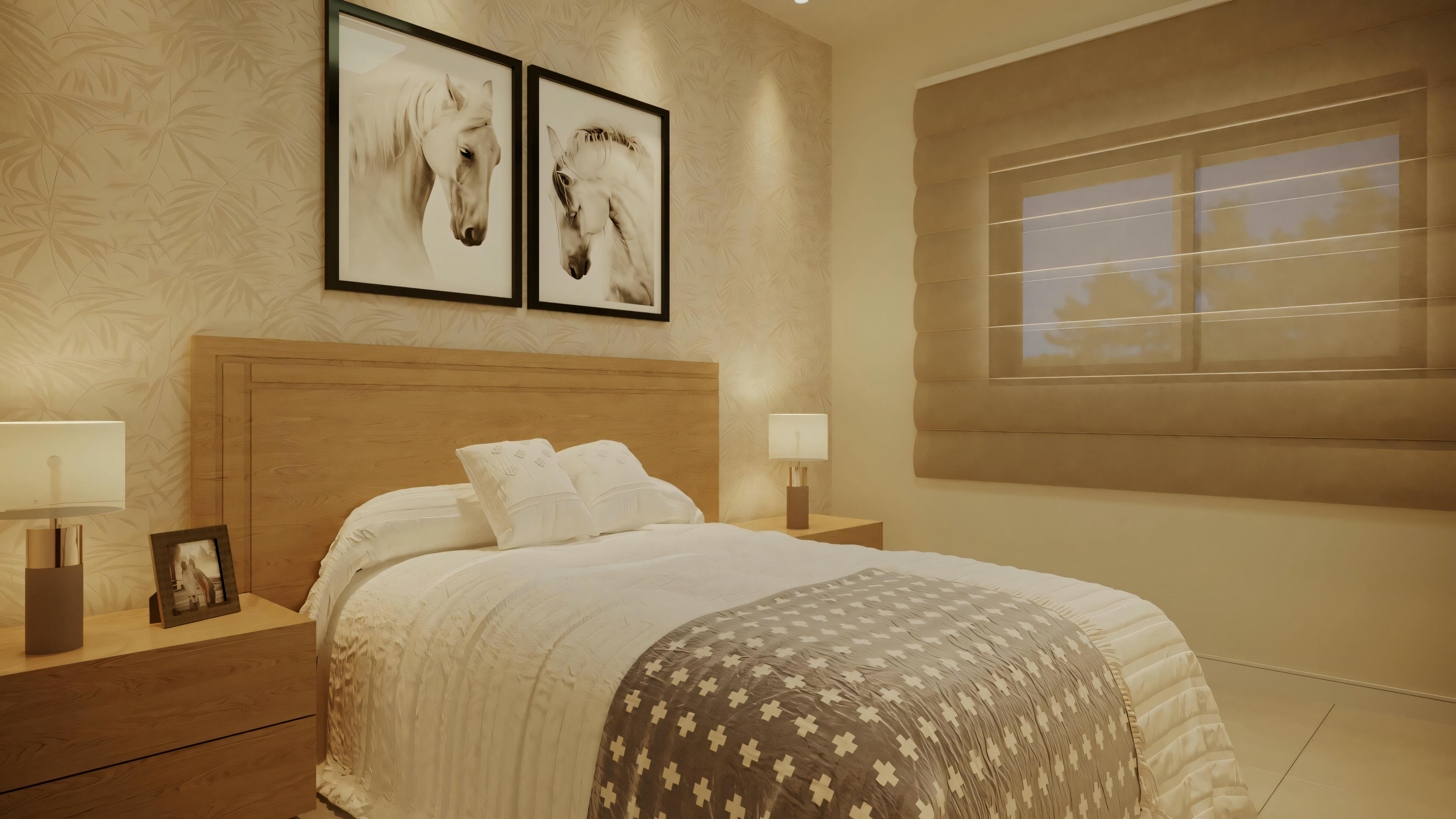 Um quarto com cama coberta por colcha de padrão pontilhado, duas mesinhas de cabeceira e arte na parede acima da cama.