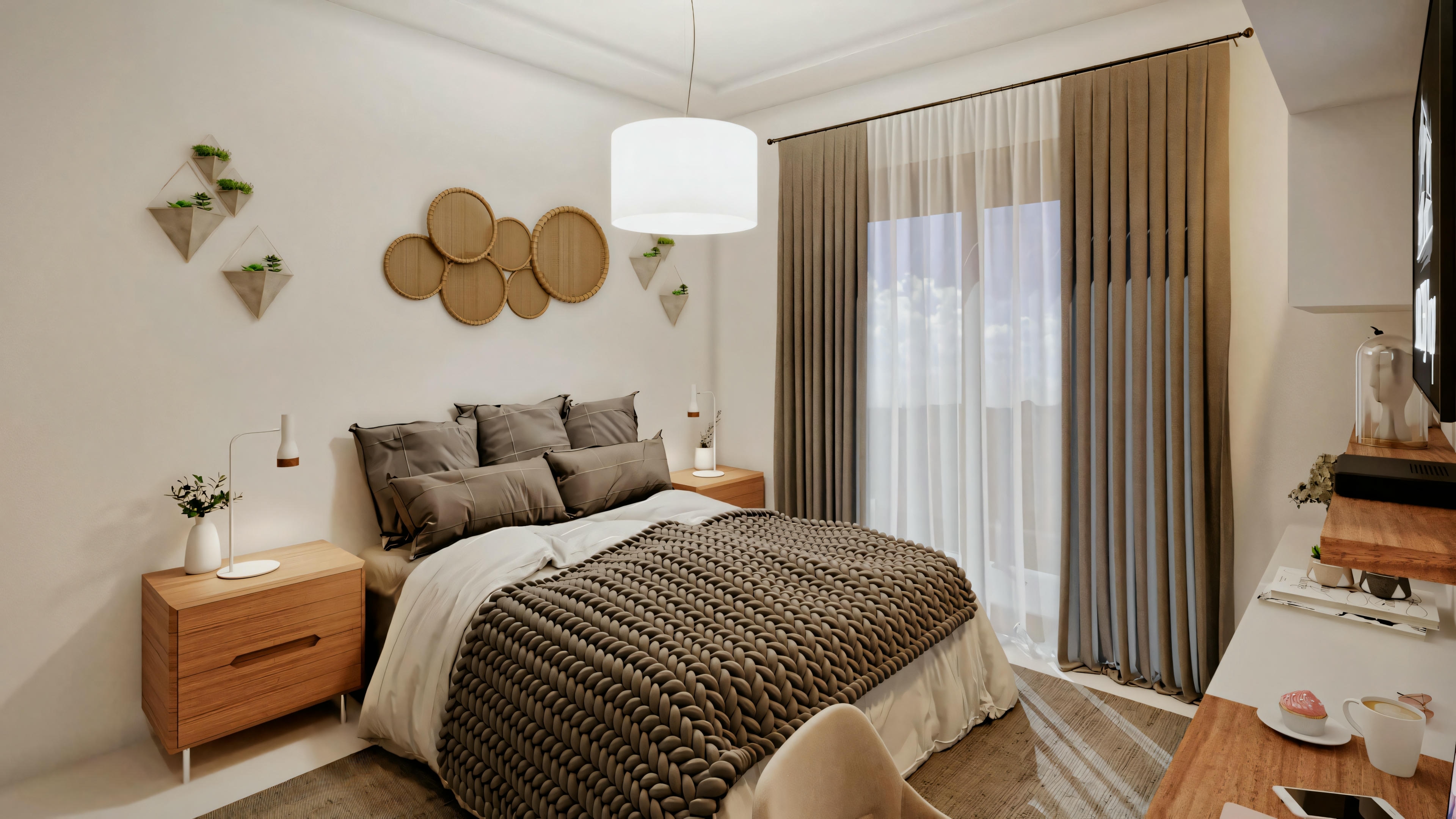 Um quarto com uma cama, painéis de madeira na parede e decoração aconchegante. A cama tem roupa de cama clara e há uma luminária na mesa de cabeceira.