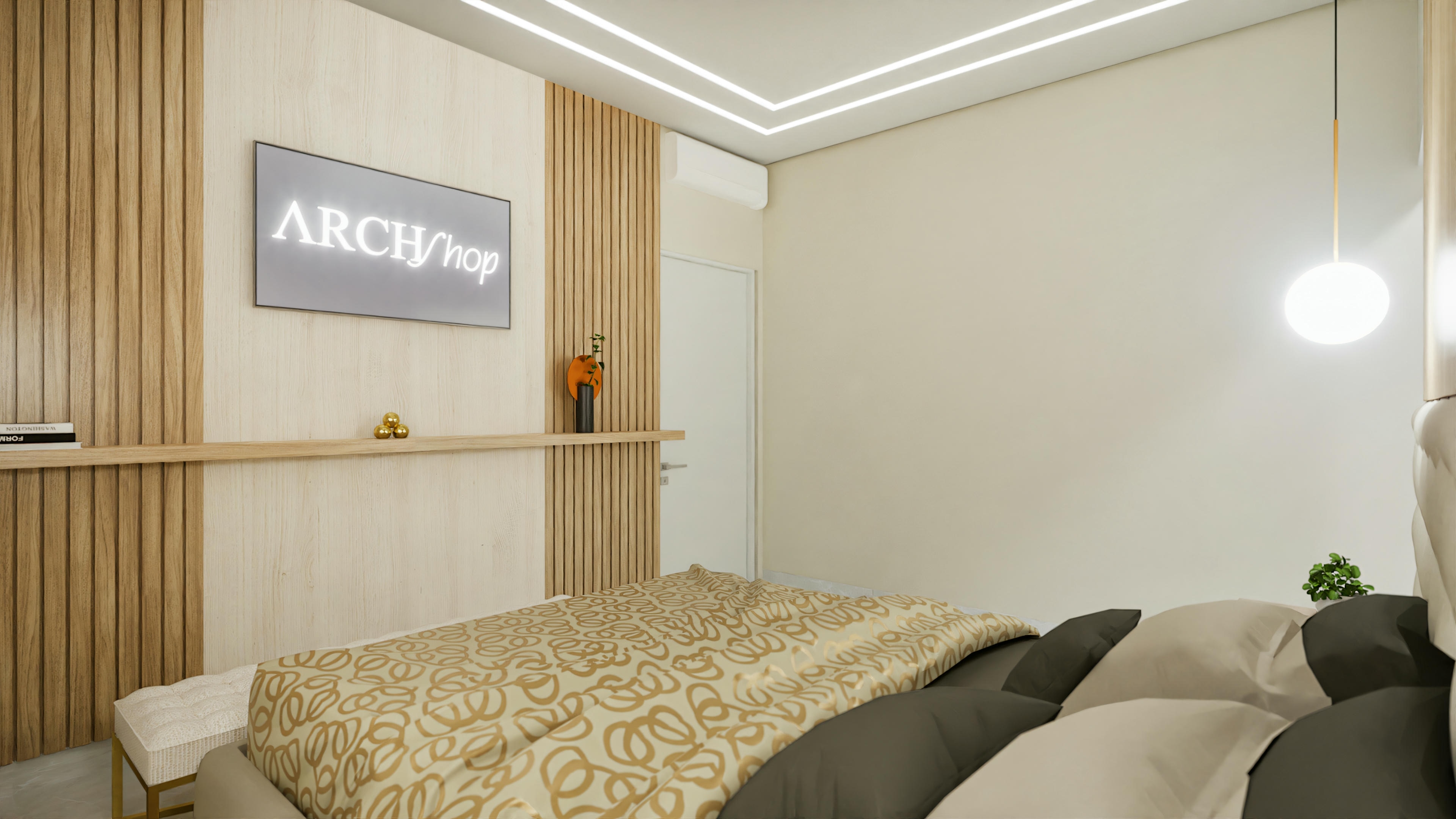 Quarto de casal com painel de tv.