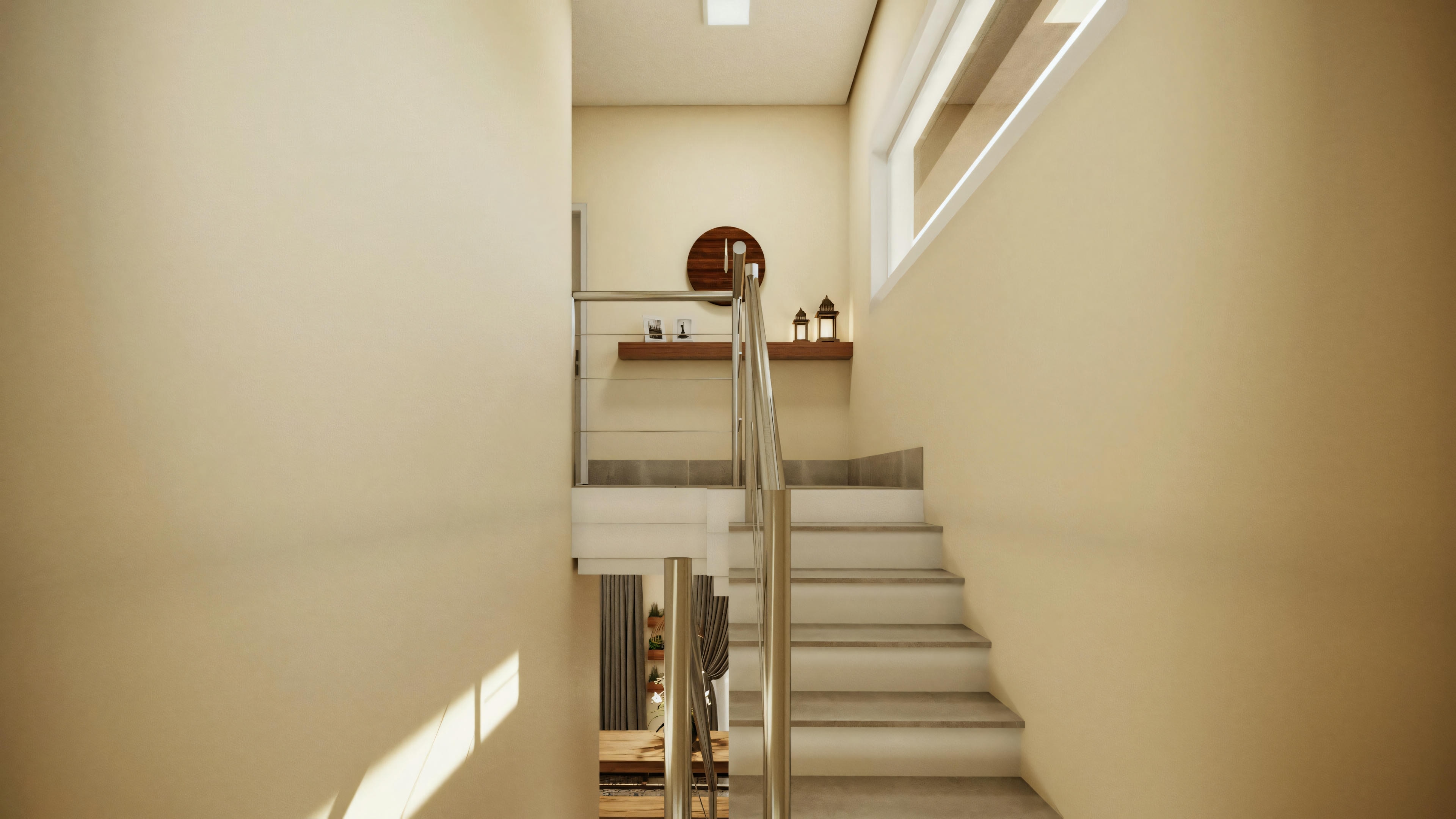 Un rincón acogedor con una escalera, iluminación cálida y estanterías con objetos decorativos.