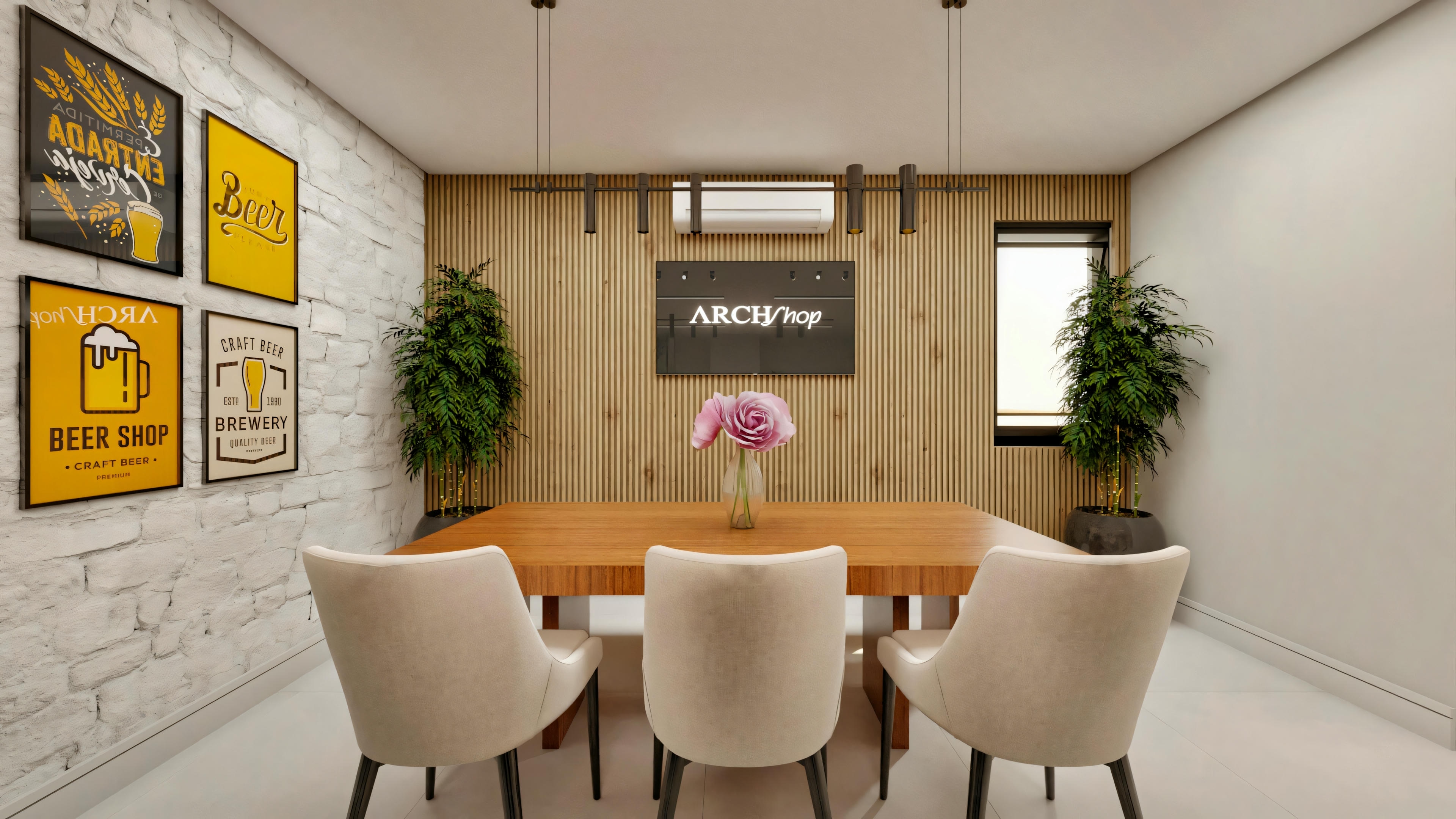 Sala de jantar aconchegante com mesa de madeira, cadeiras brancas e elementos decorativos, incluindo arte na parede e flores na mesa.