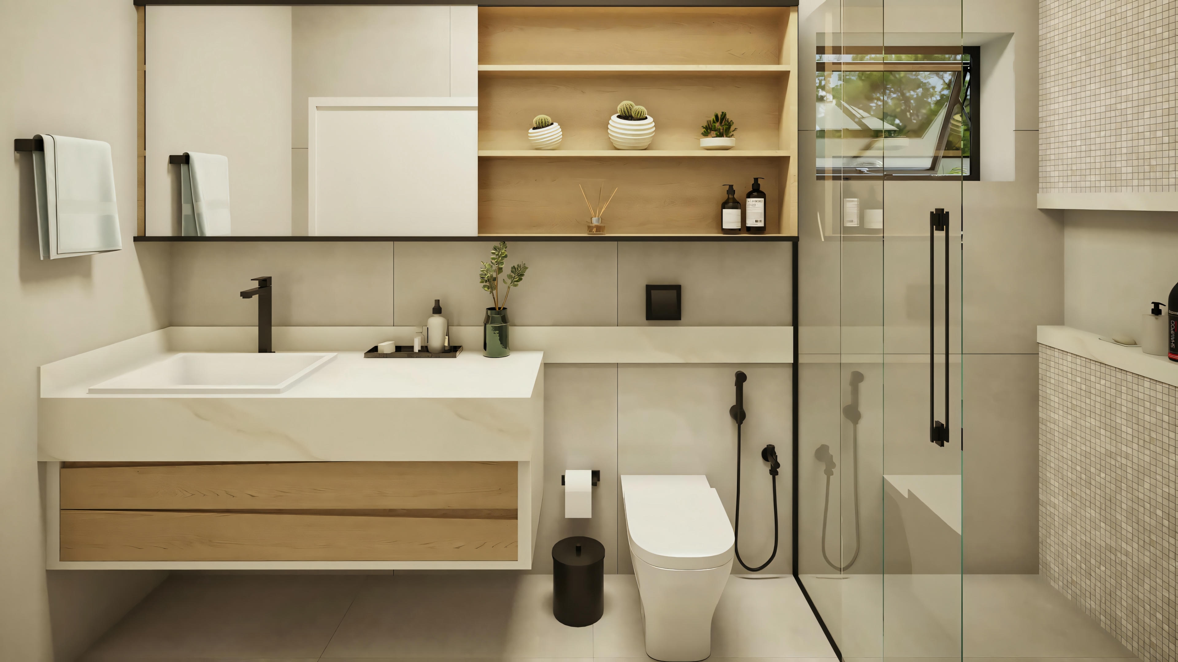 Second suite bathroom in the ready-made house plan with 3 suites and gourmet area. Modern design with floating countertop, wood details, and black metals. 368sqm ready-made house project.