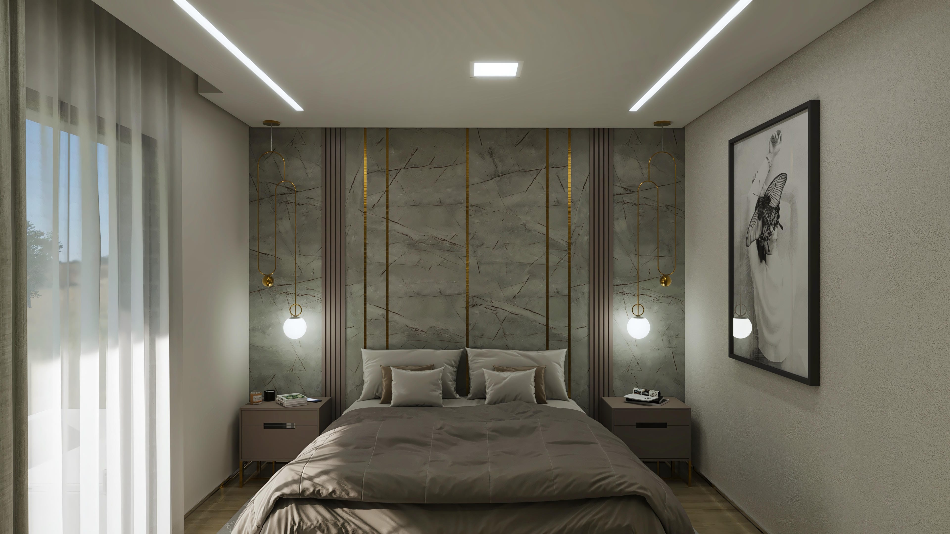 Interior de uma suíte luxuosa com cama king-size, cabeceira em mármore com detalhes dourados, luminárias pendentes e iluminação em LED no teto.