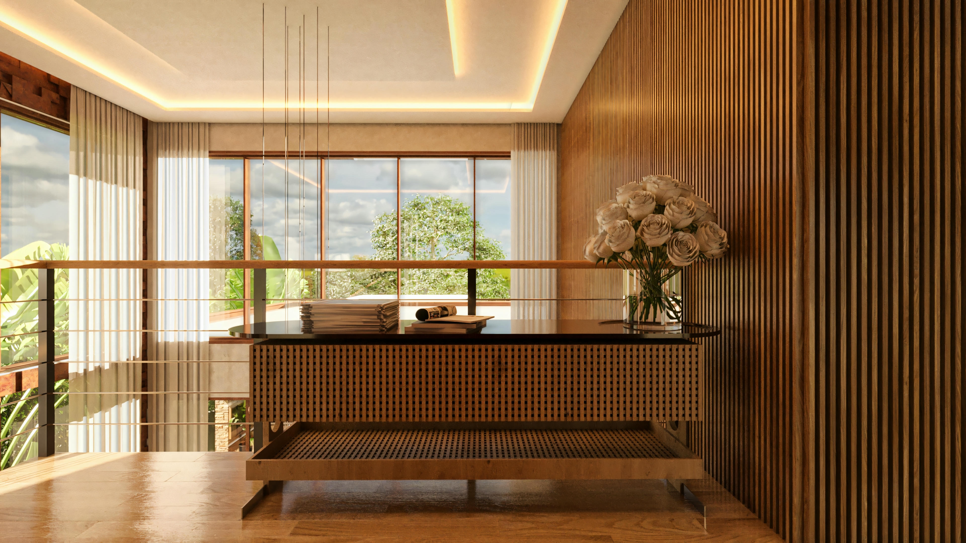 Altillo o vestíbulo superior en casa de lujo con 4 suites, con aparador de diseño de madera con frontal texturizado y encimera oscura, pared en panel de madera laminada, suelo de madera, barandilla con vista al living con doble altura y amplia cristalera con iluminación natural.