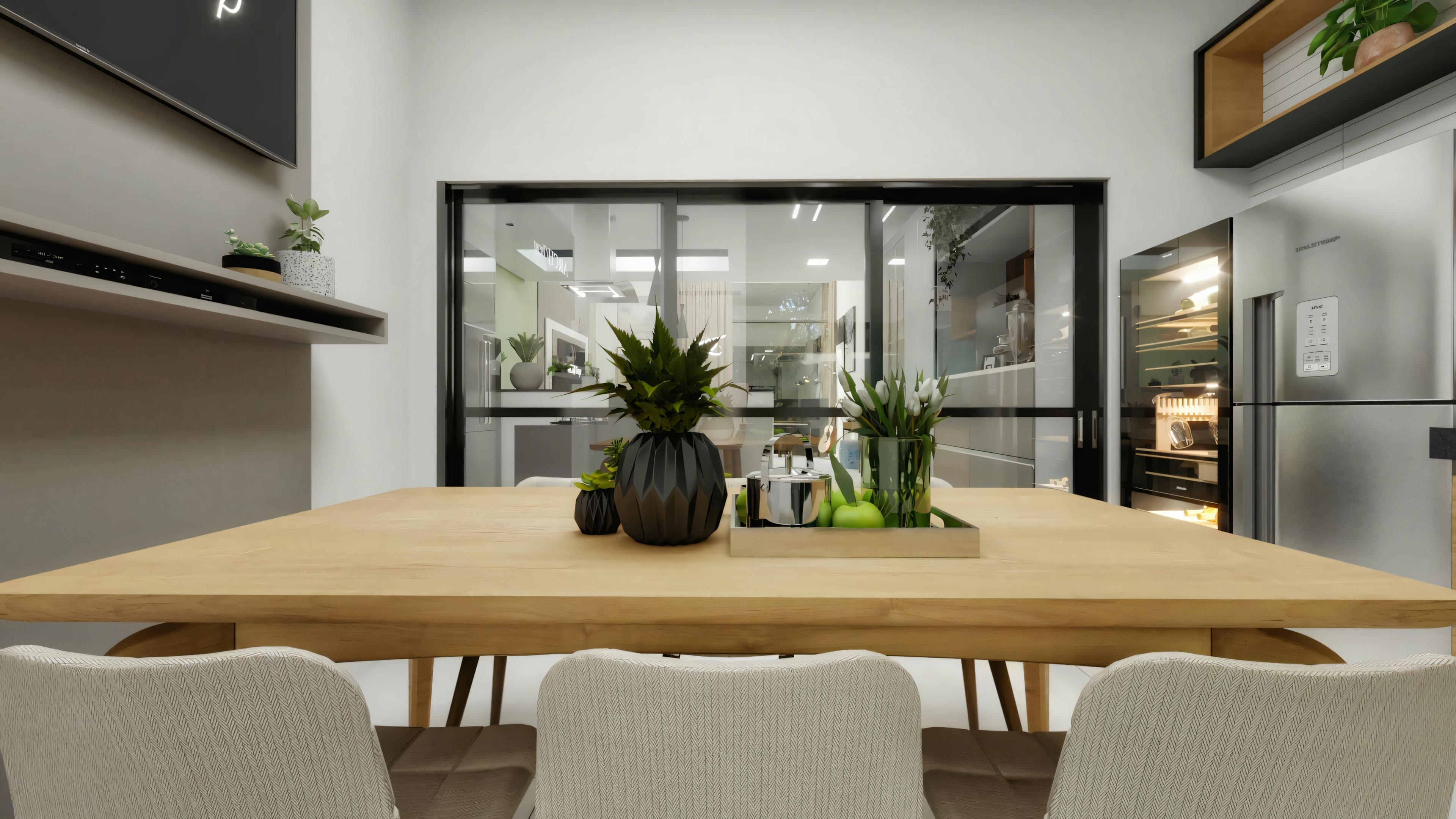 Área de jantar moderna com mesa próxima a grandes janelas.