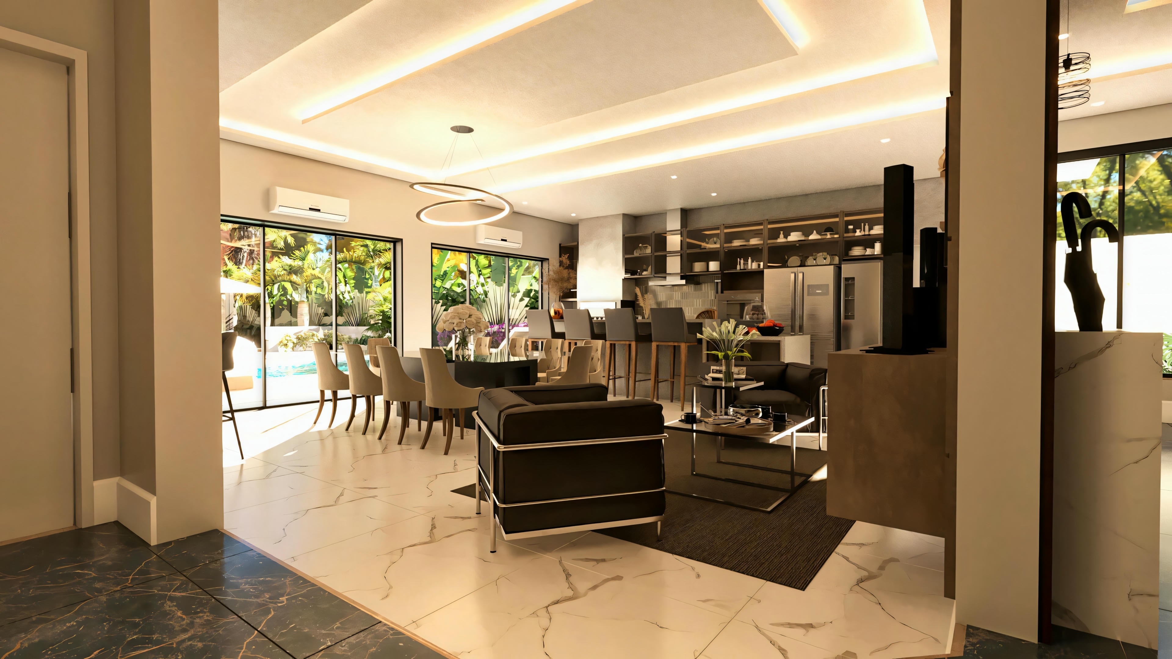 Visão ampla da área social integrada em projeto de casa térrea com 3 suítes. Inclui living, sala de jantar e cozinha/bar, com acesso à área externa. Planta de casa térrea com 276.43m², 3 suítes, escritório e área gourmet, ideal para terreno 20x50.