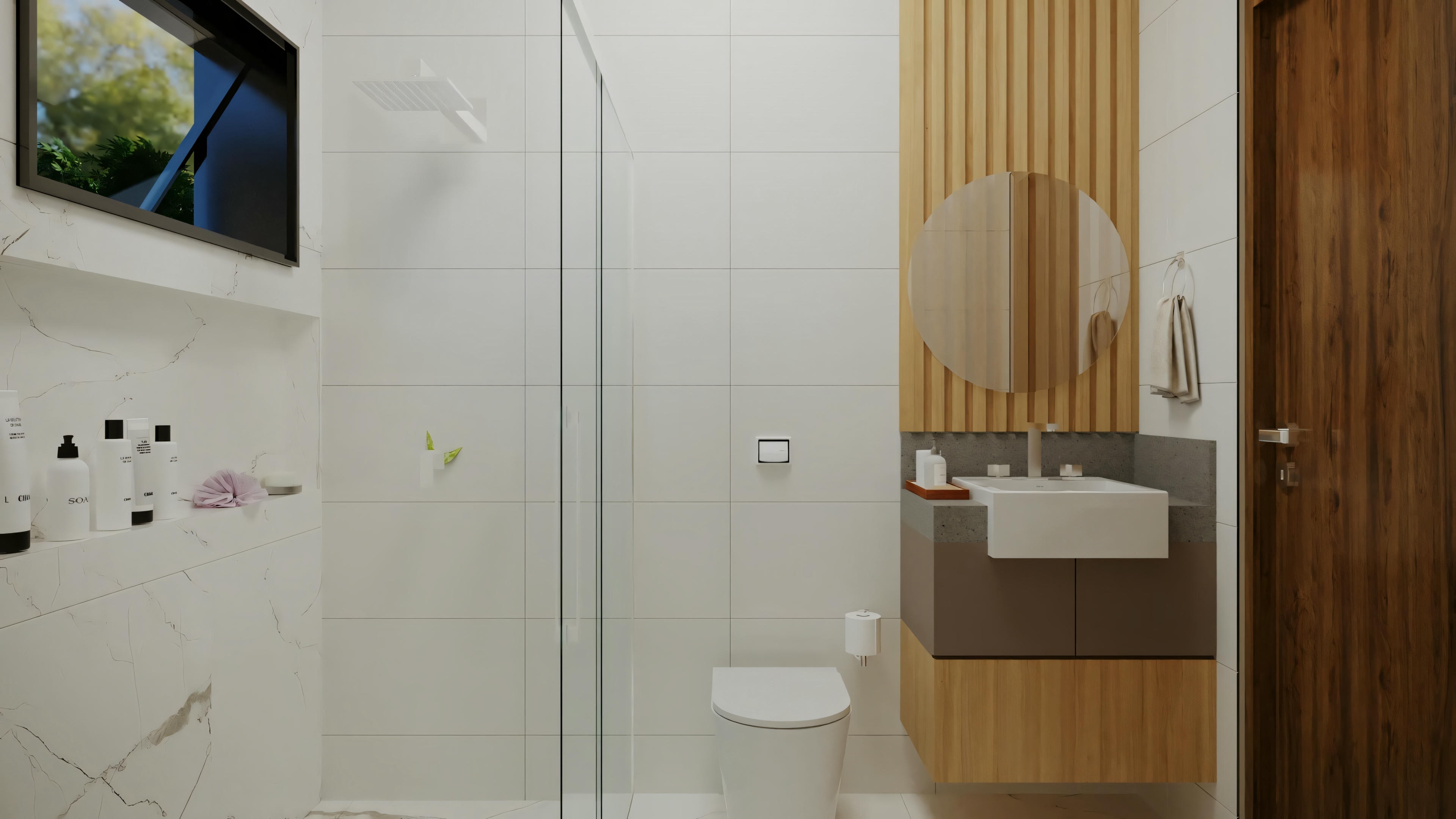 Un baño con lavabo, espejo y artículos de tocador visibles.