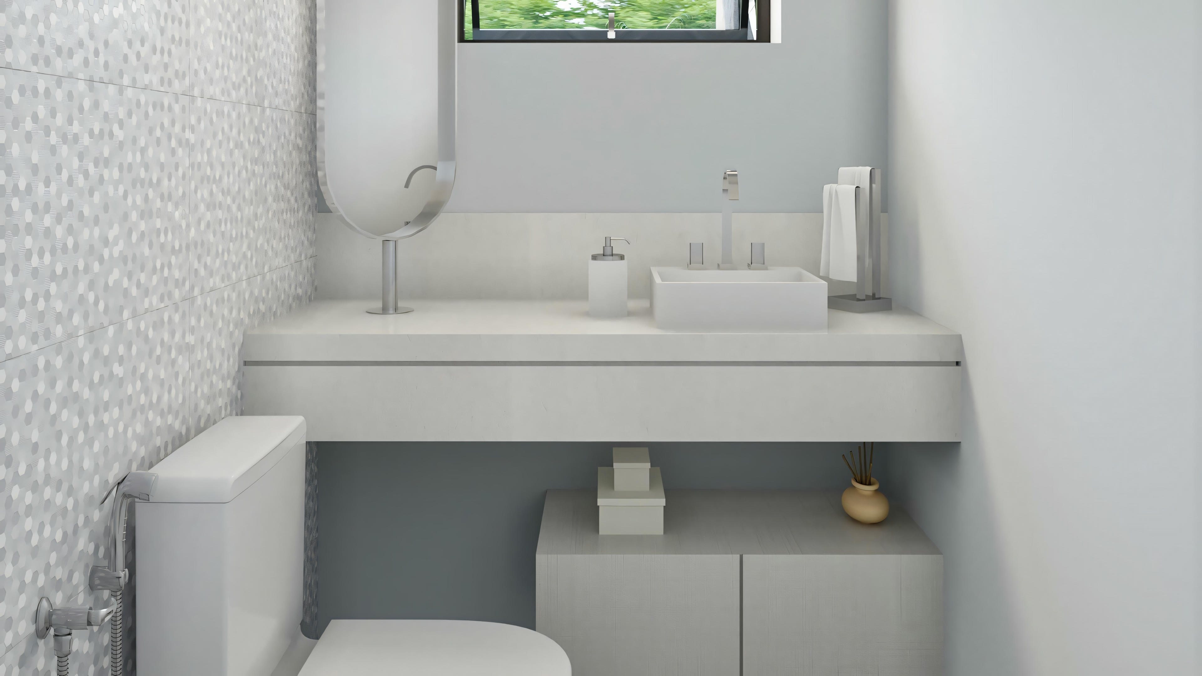 Un baño con foco en el lavabo con mueble inferior y portarrollos, decorado de forma minimalista.