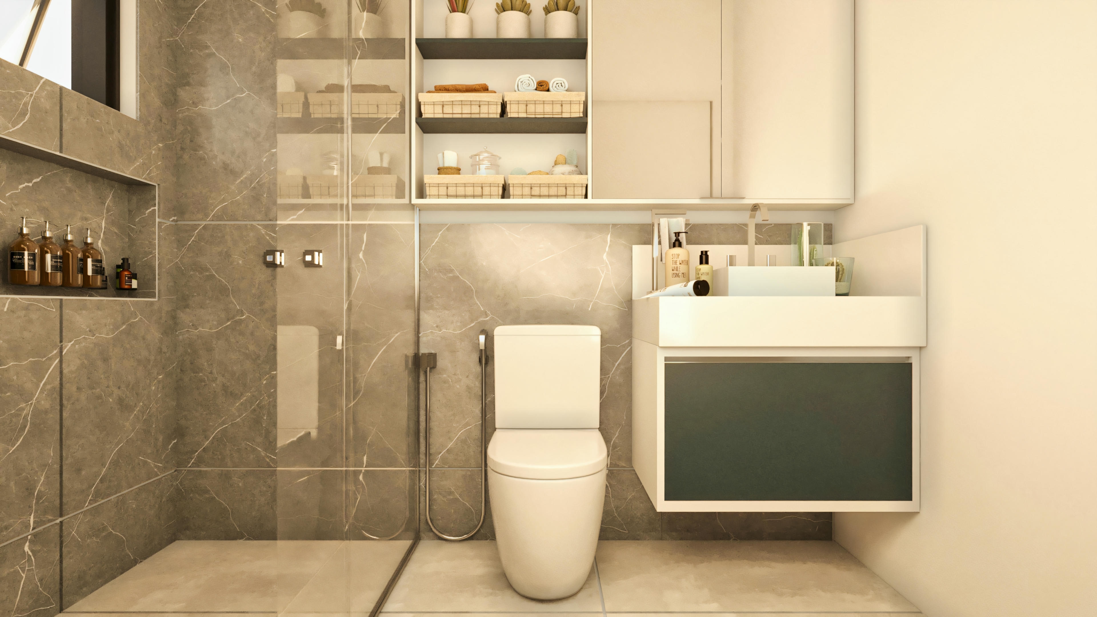 Bathroom with blue cabinet.
