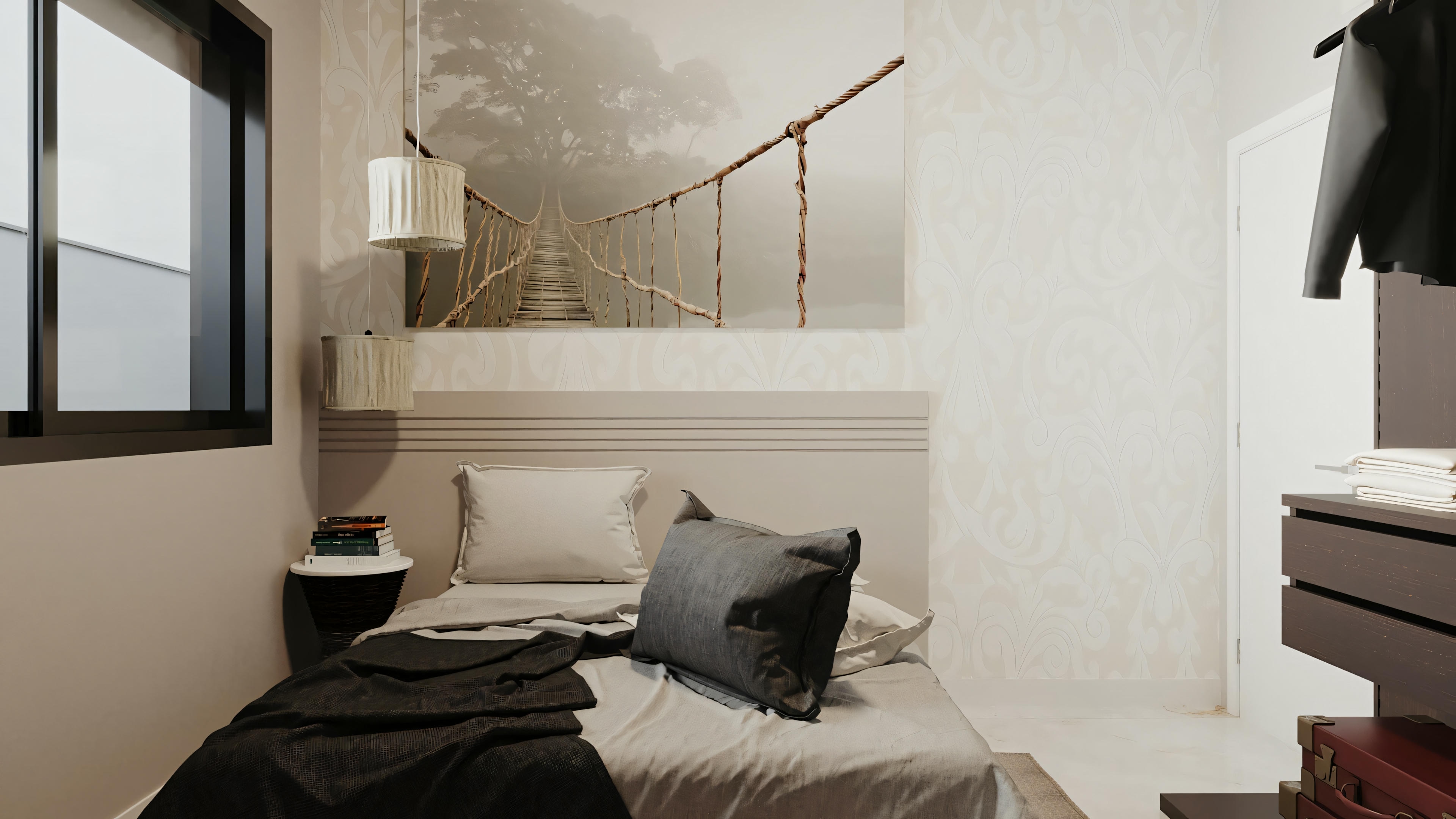 A bedroom with a bed, pillows, side table.