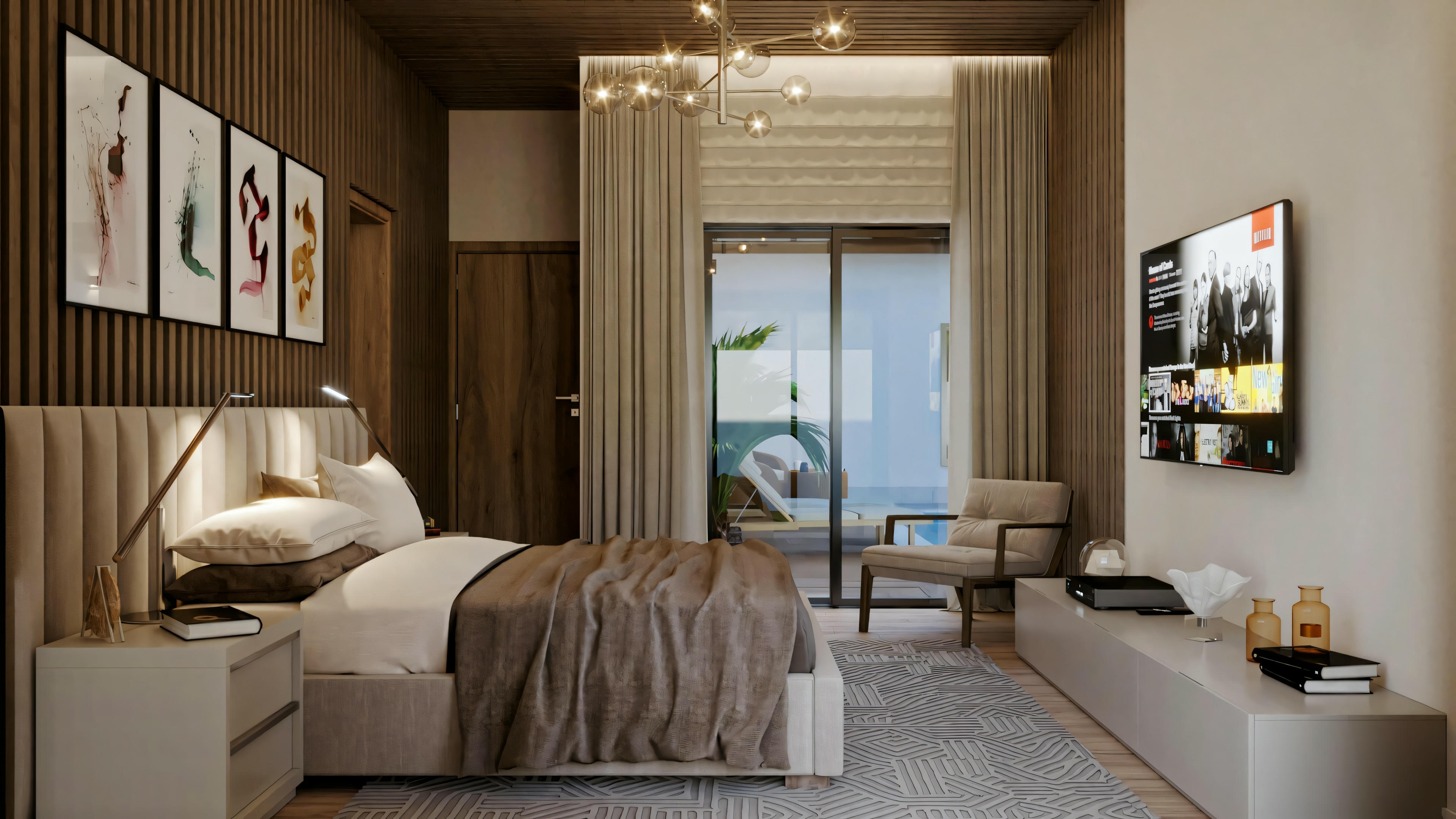 Bedroom with a made bed, nightstands, and lamps.