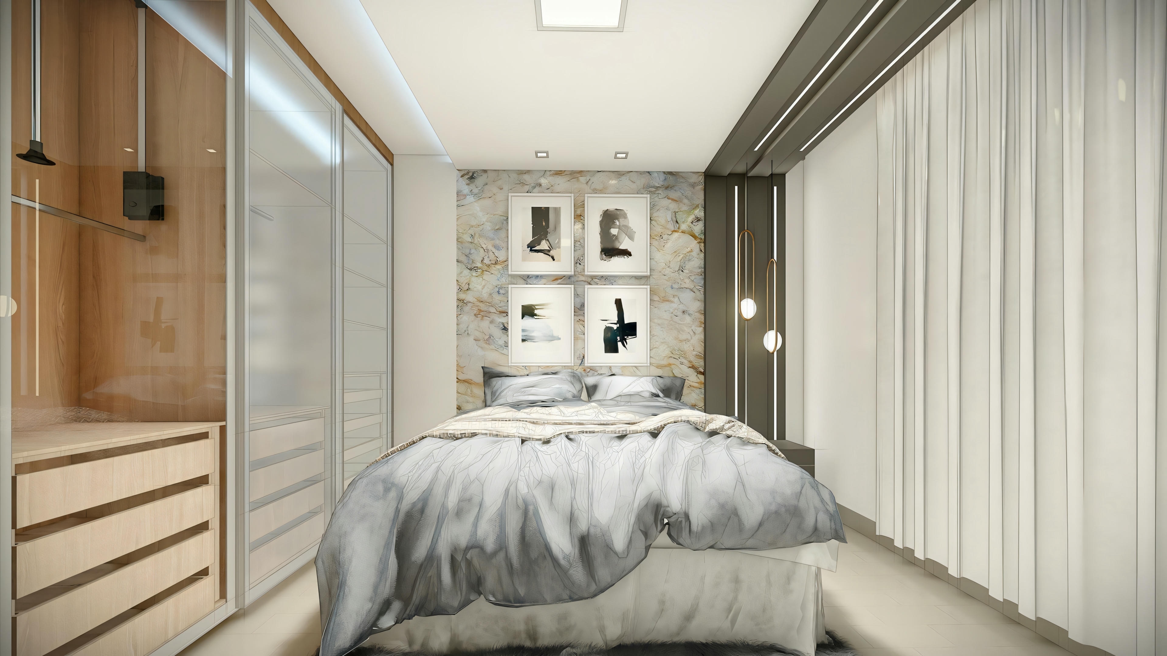 A bedroom with a gray bedding set, wooden nightstands, and wood-paneled walls.