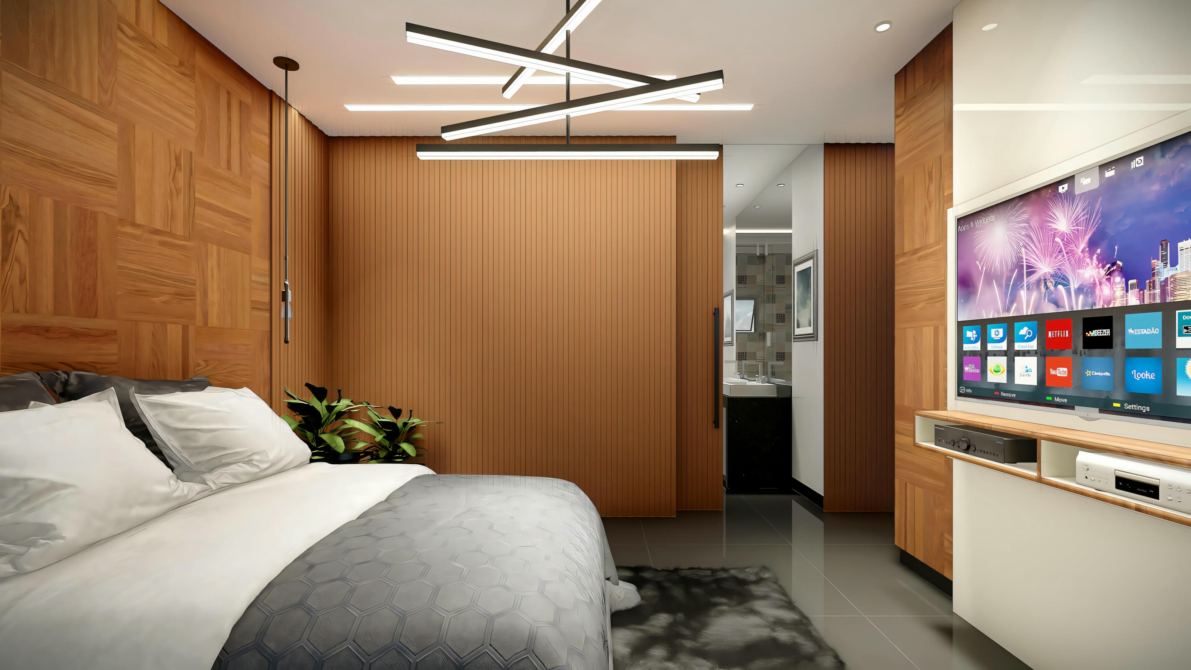 A bedroom with a large bed, wood-paneled walls, and a television screen.