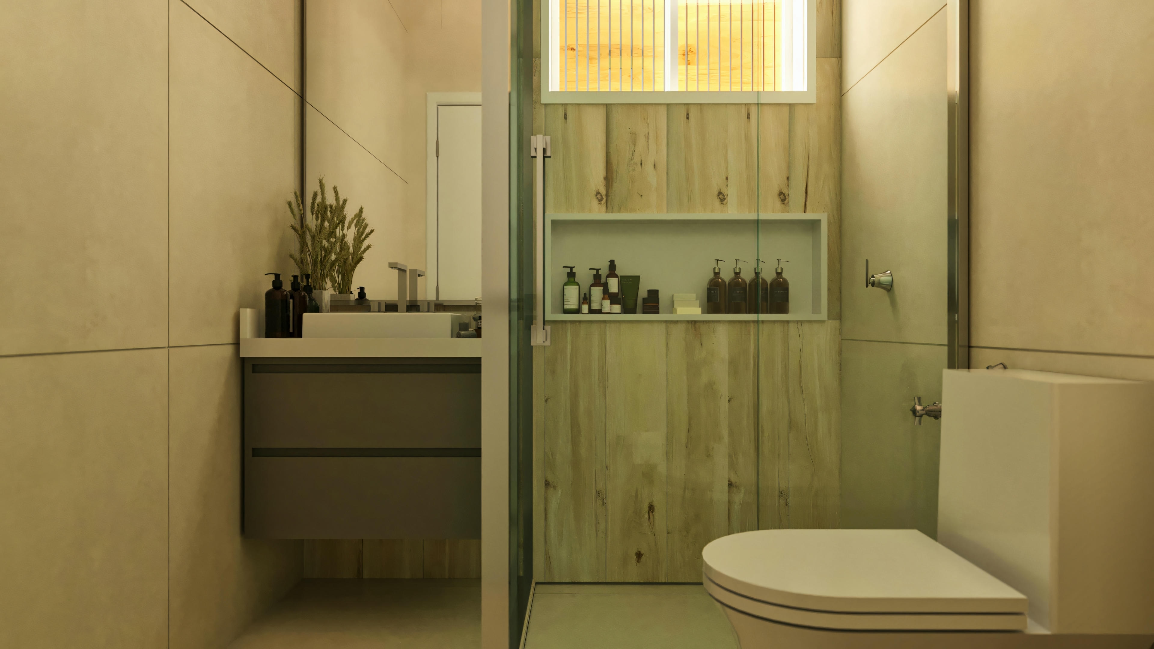 Banheiro moderno de suíte em casa de alto padrão com 5 suítes. Ambiente com bancada cinza, vaso sanitário, box de vidro com nicho e parede do fundo com revestimento estilo madeira.