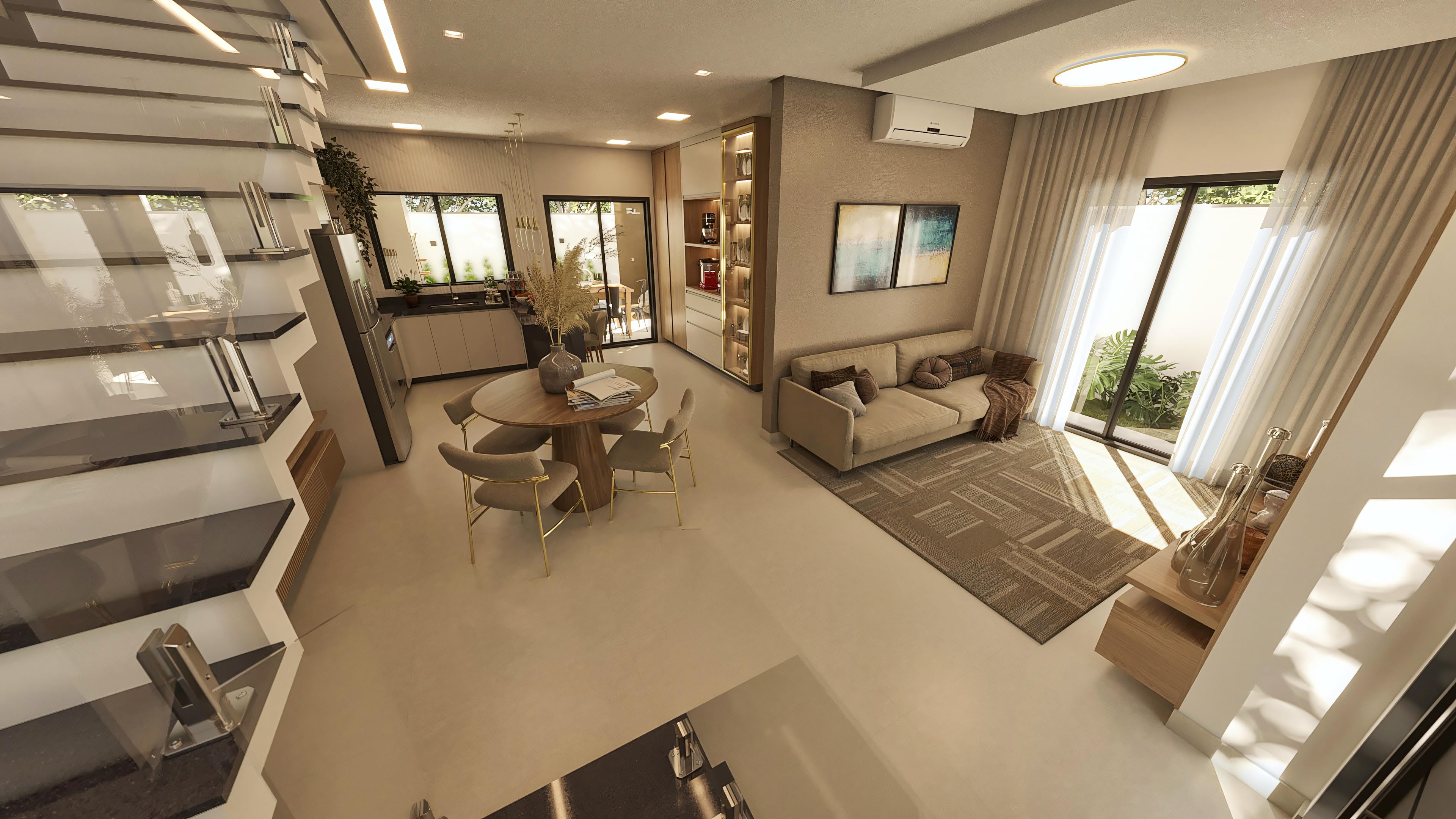 Interior de casa de dos pisos moderna con sala de estar y comedor integrados, escalera con barandilla de vidrio, cocina planejada y área de ocio externa con piscina.