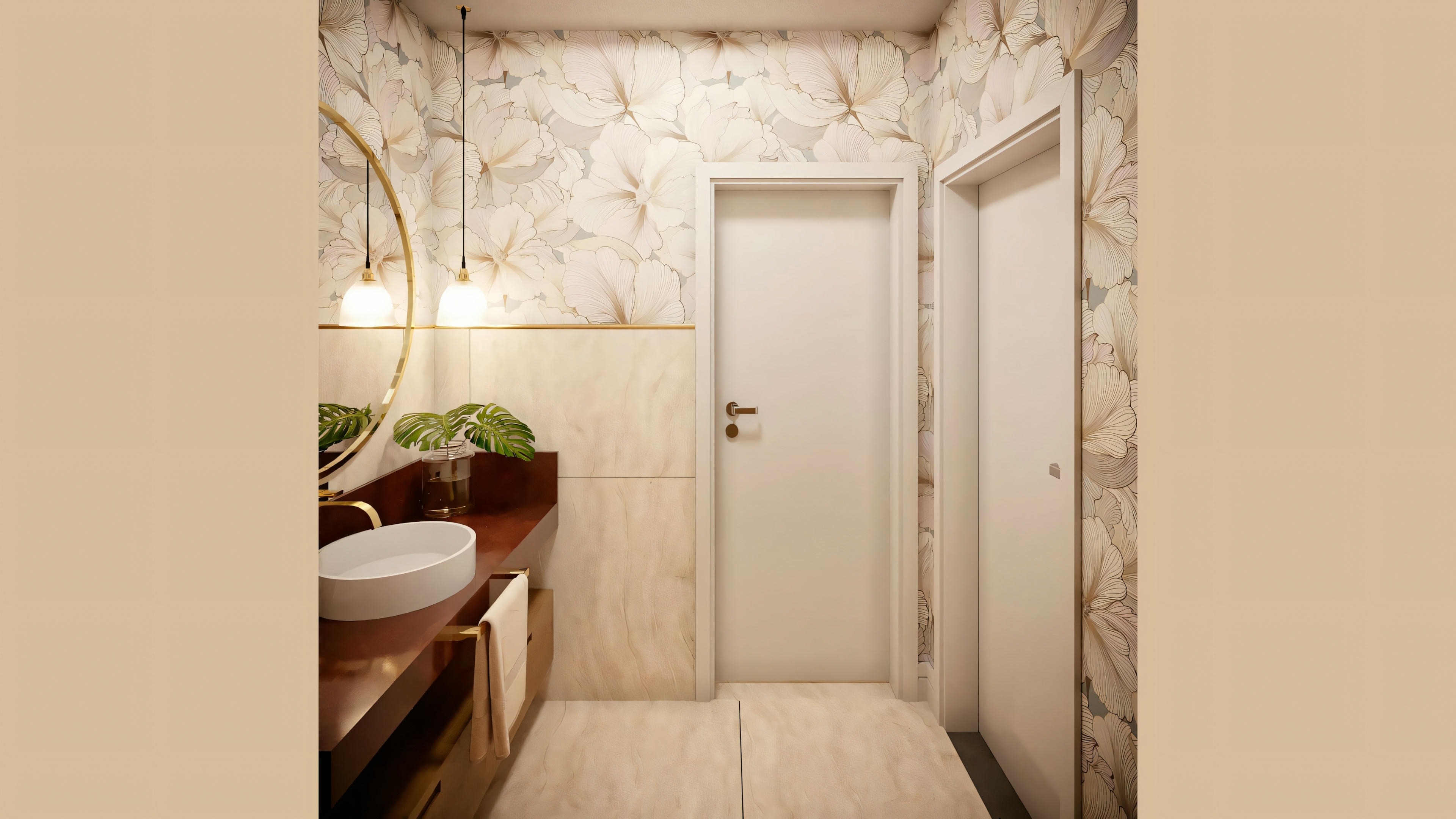 A bathroom with wooden elements, a large mirror over the sink, and towel racks.