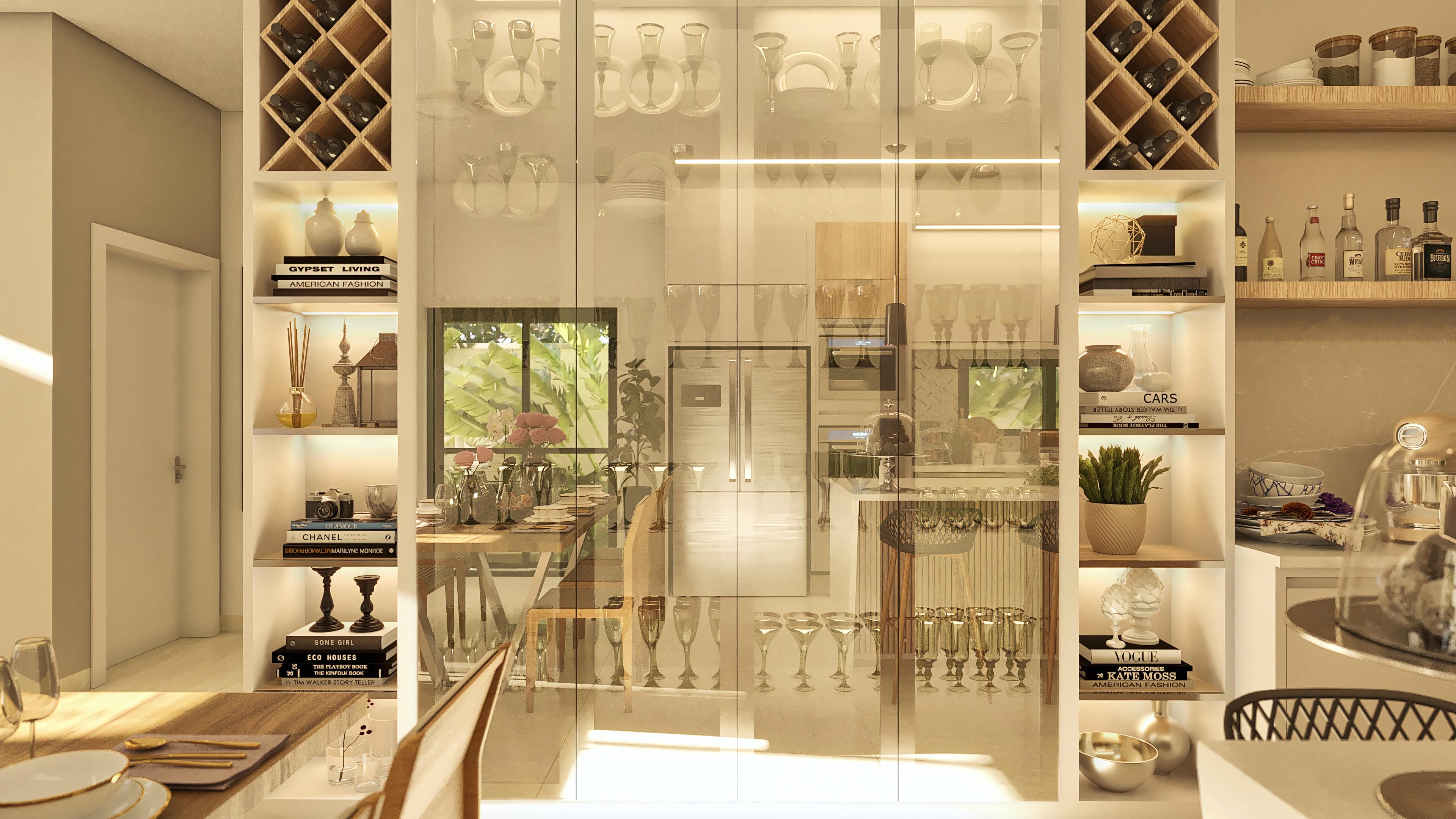 Elegant interior with wine cellar, china cabinet with glasses and plates, and green area view through wide windows. Sophisticated decoration with books and objects.