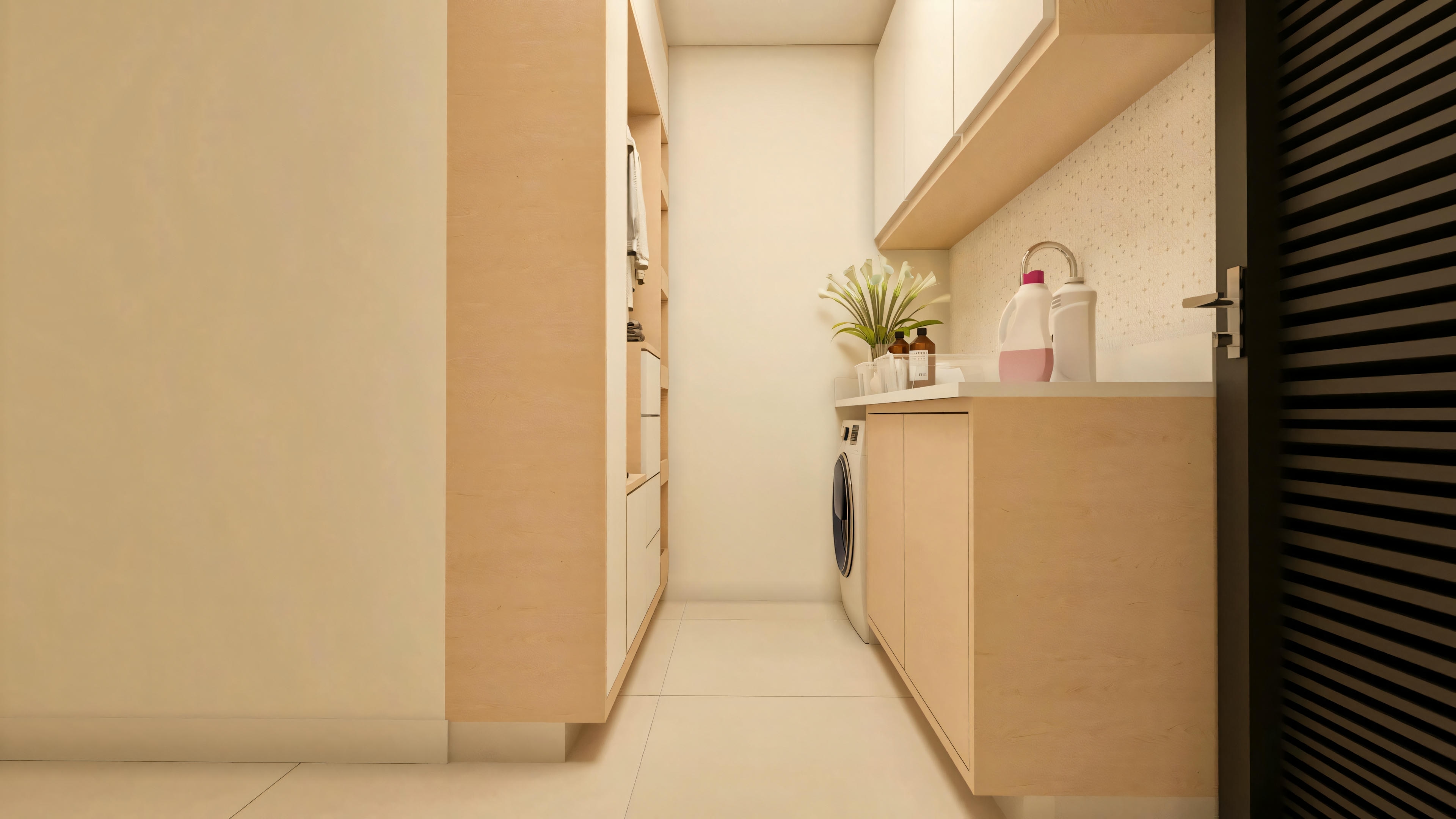 Corredor de serviço em casa térrea de 3 suítes, com lavanderia planejada à direita (bancada, máquina, armários) e armário/closet planejado à esquerda (estrutura em madeira clara).