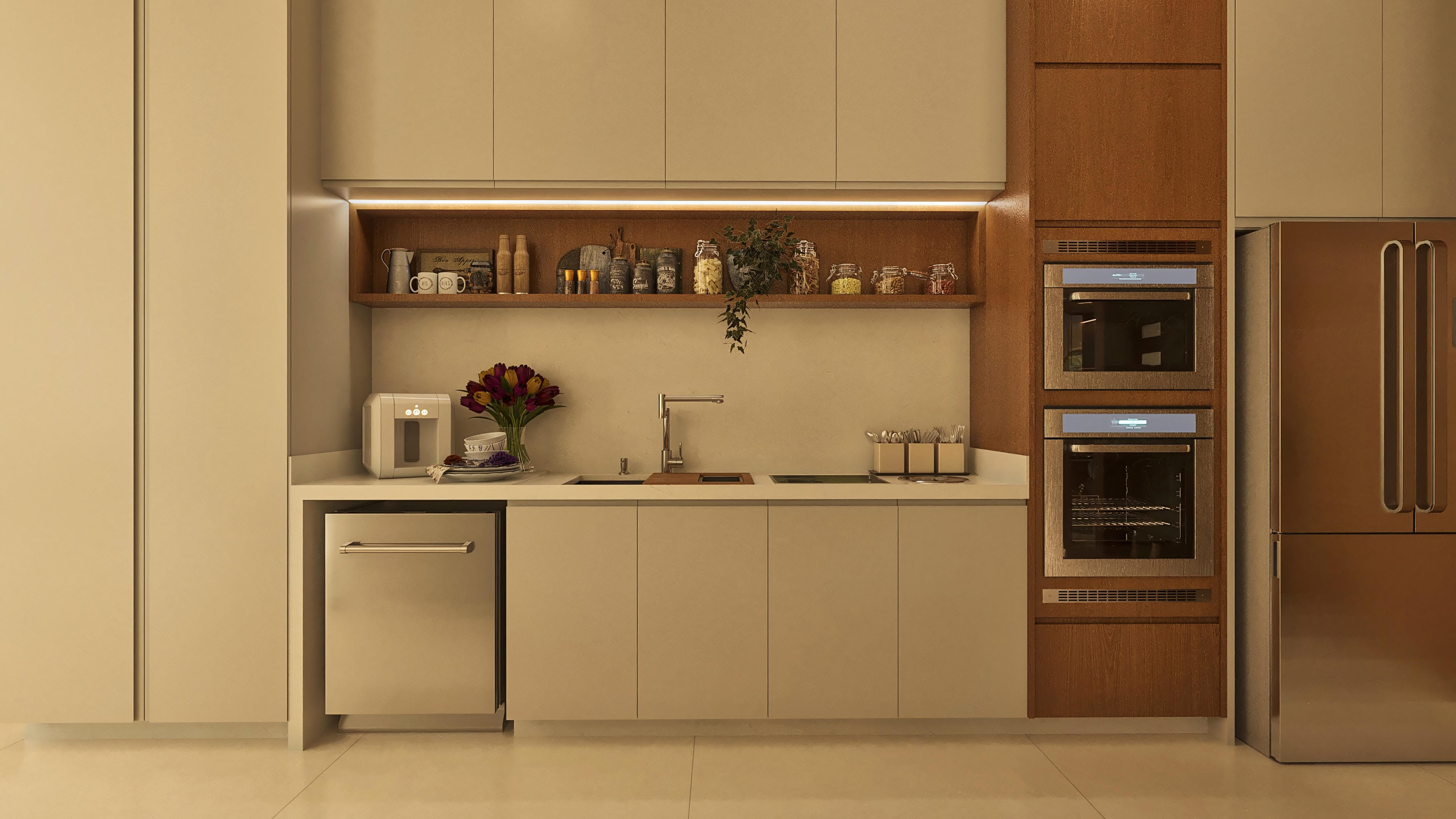 Cozinha de alto padrão com armários planejados bege, detalhes em madeira natural, bancada em quartzo e eletrodomésticos em aço inox.