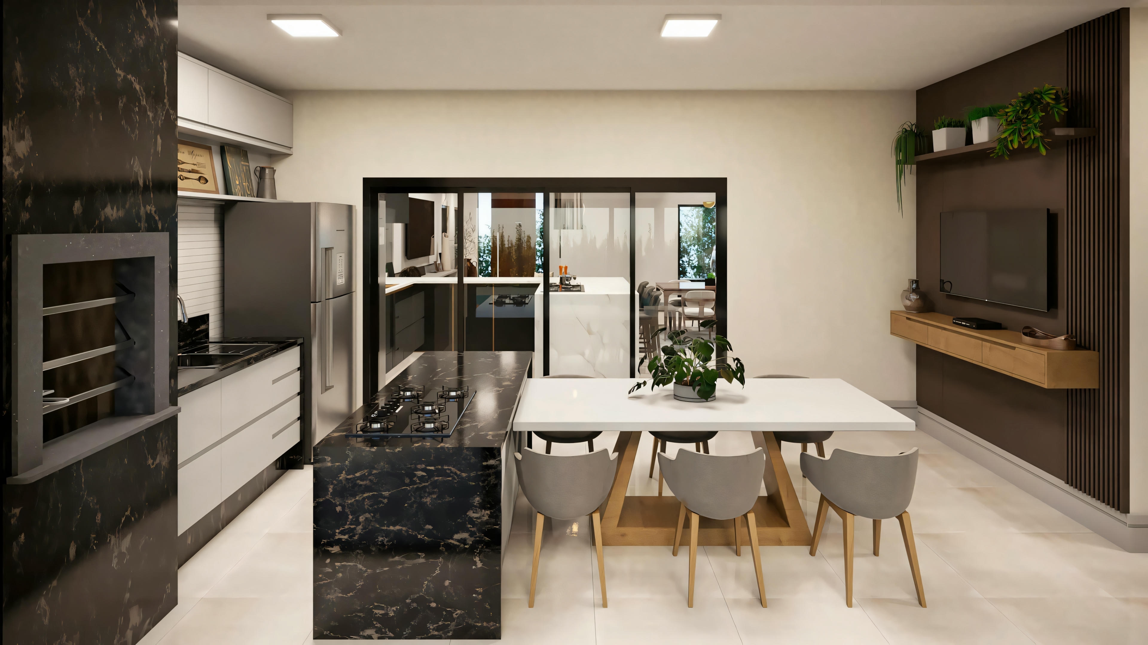 Cozinha moderna com armários brancos, bancadas escuras, eletrodomésticos embutidos e área de jantar com cadeiras e luminárias pendentes.