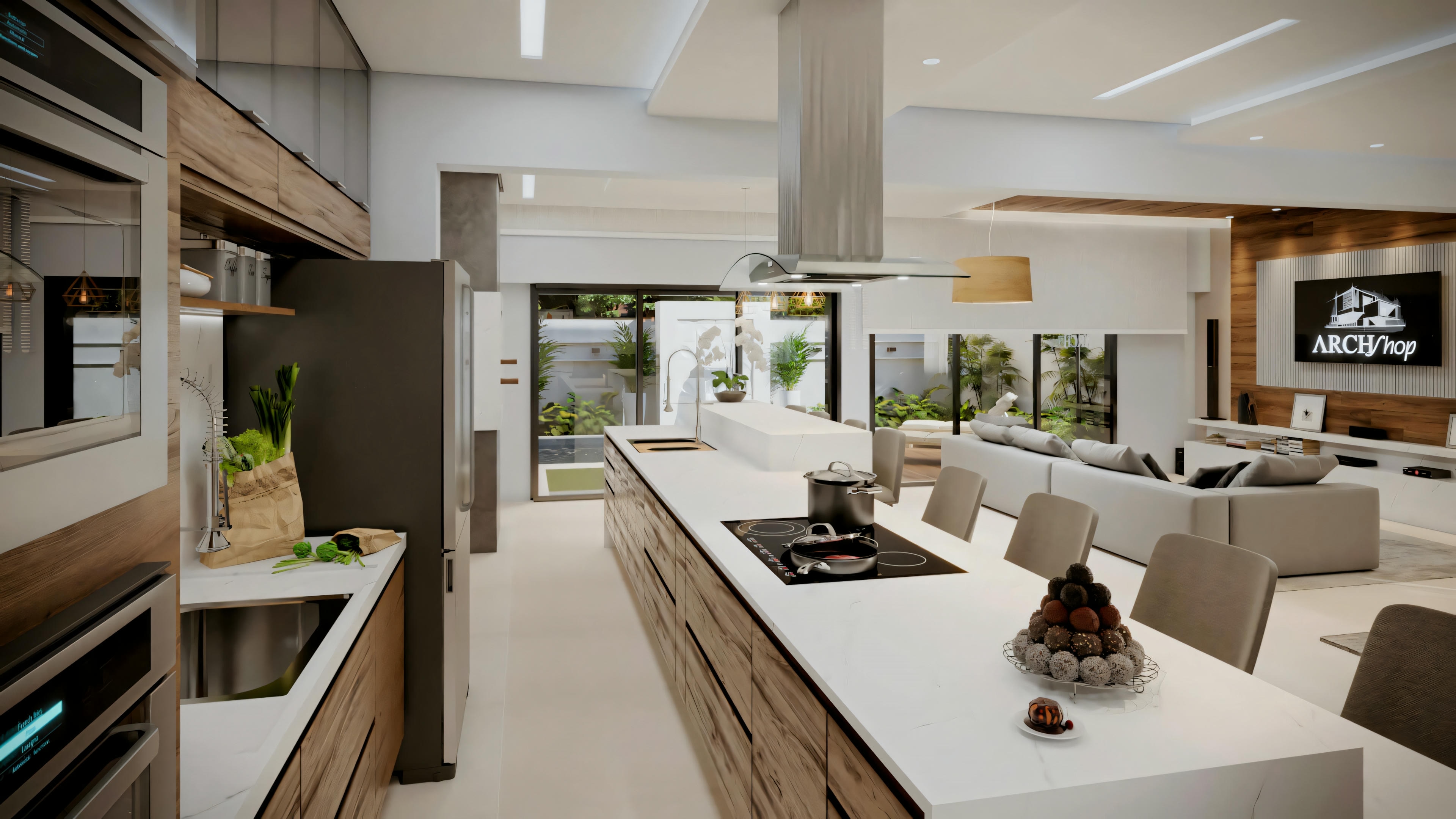 Uma cozinha moderna com uma ilha longa e bancada branca, com banquetas altas ao lado e luminárias pendentes acima.
