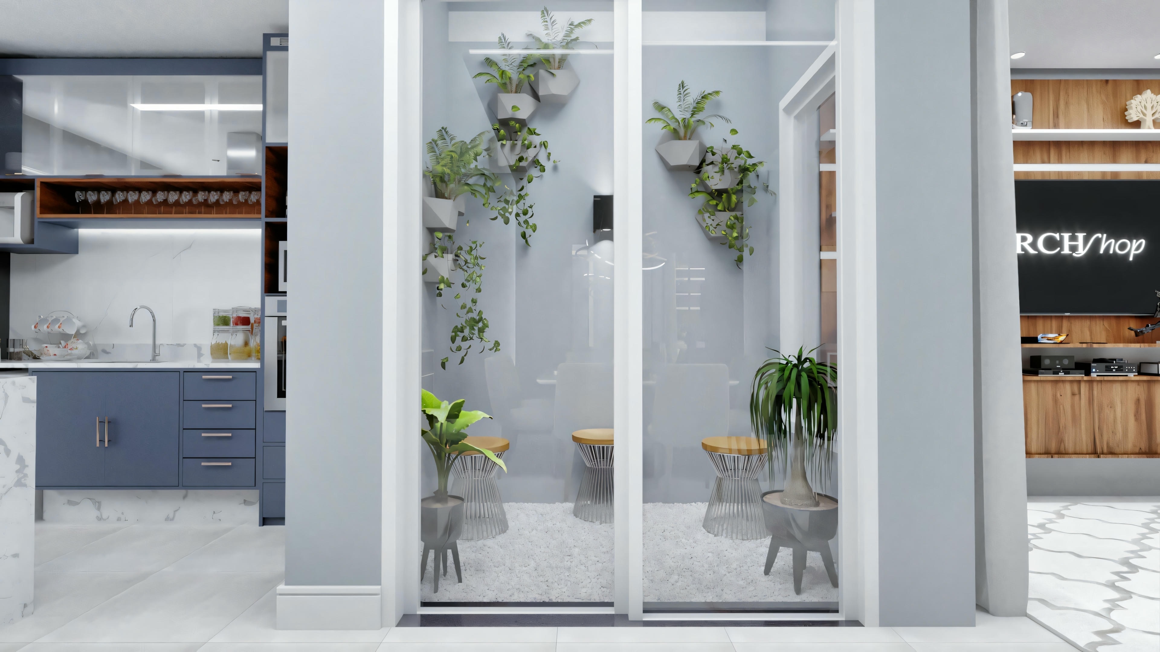 Um espaço interior moderno, possivelmente uma cozinha ou área de jantar, visto através de portas de vidro transparentes. As portas têm puxadores e são emolduradas por paredes brancas.
