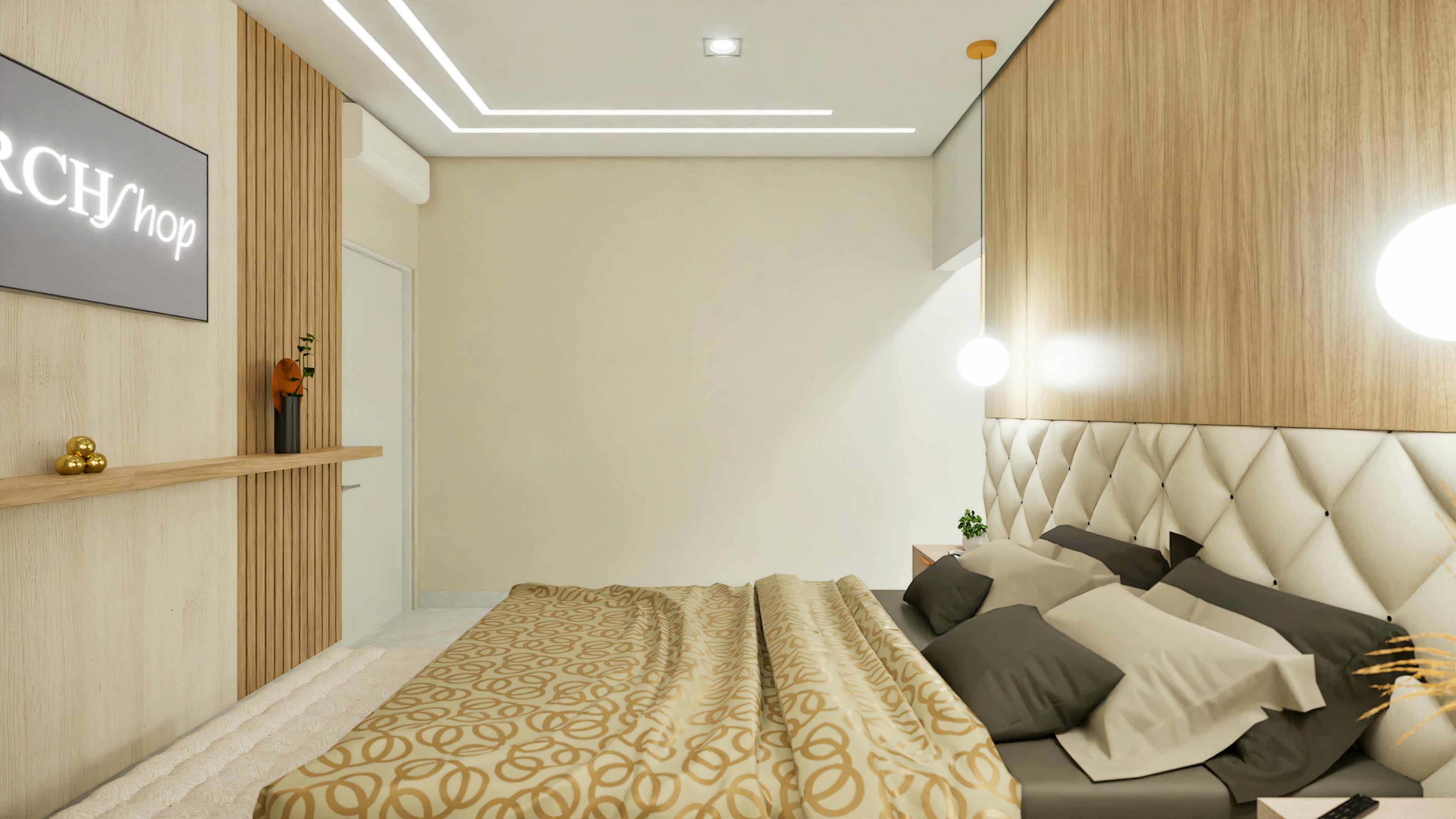 Dormitorio de matrimonio con cabecero y panel.