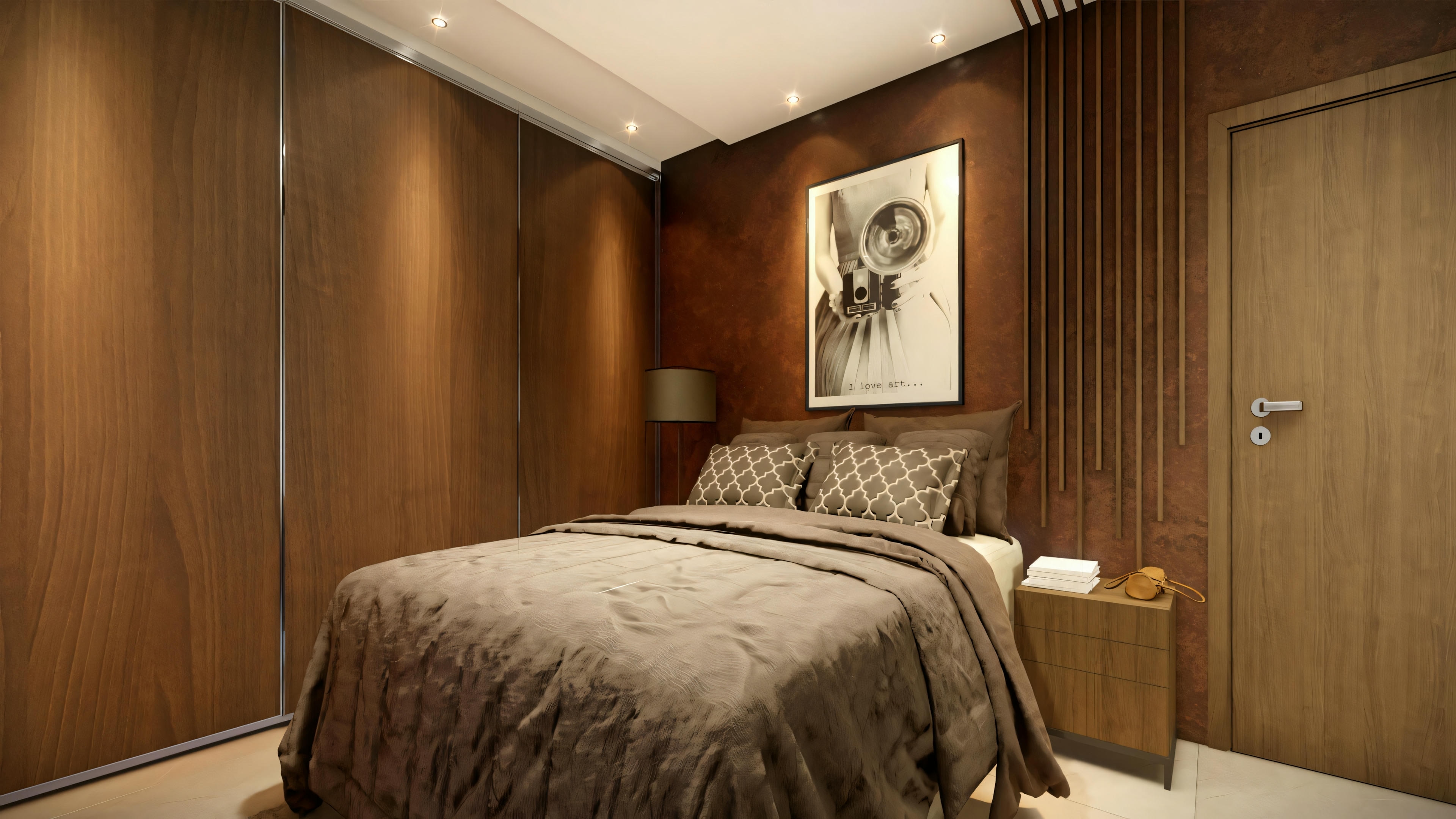 Dormitorio con cama de ropa de cama gris y cabecero oscuro contra un panel de madera en la pared.