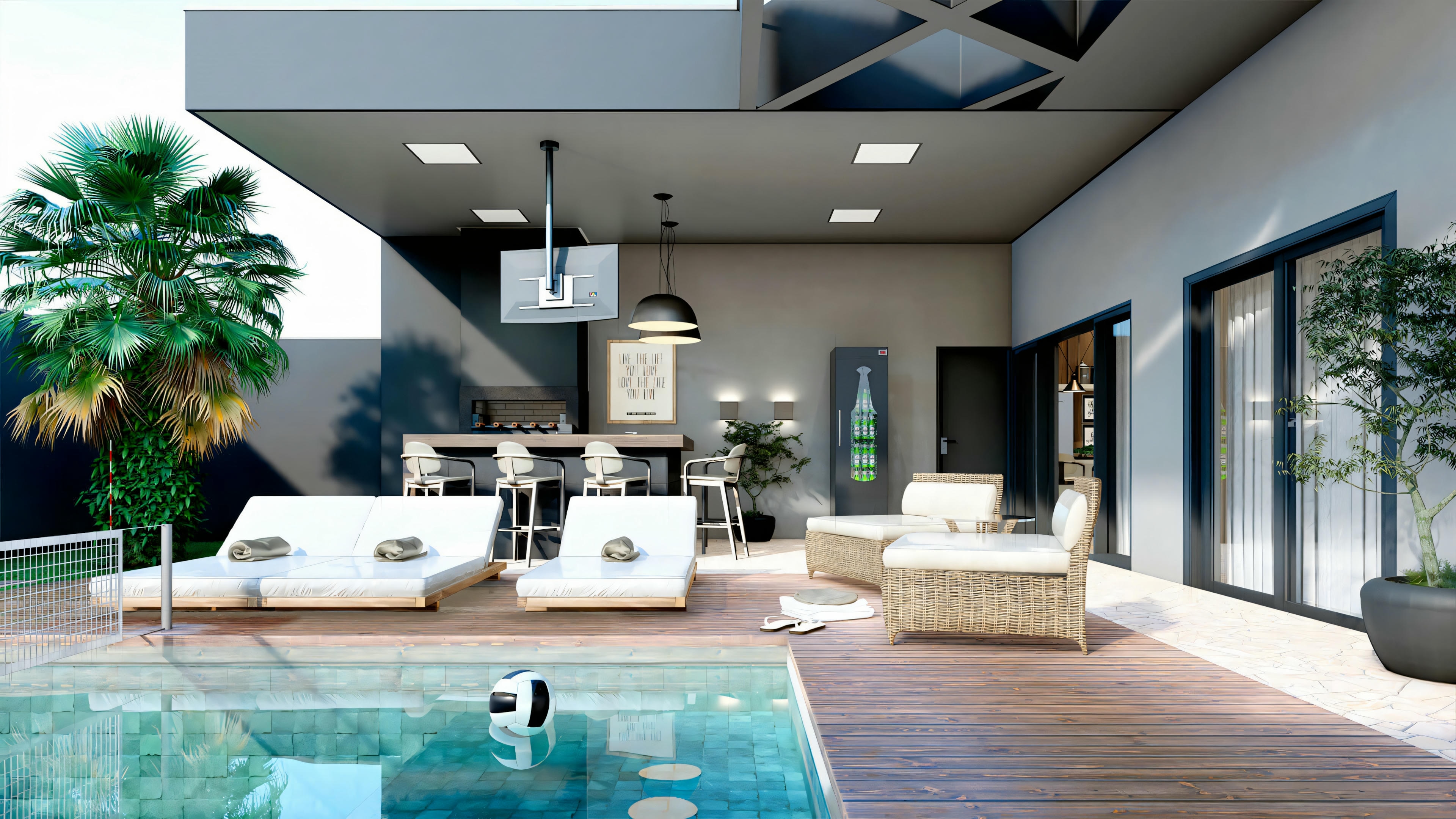 Um espaço moderno que integra uma área interna com sofás e uma área externa com piscina através de grandes portas de vidro deslizantes.