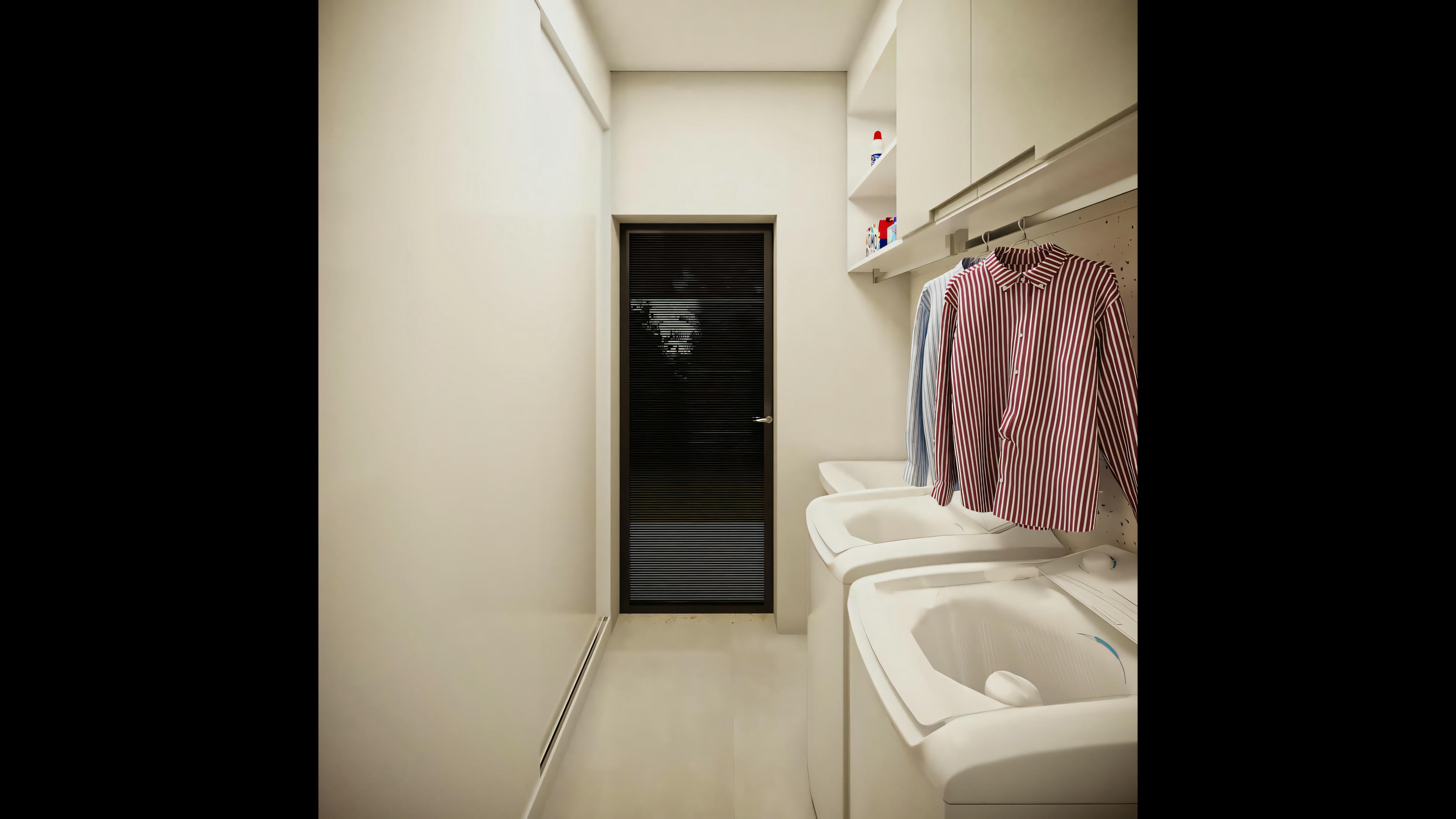 Functional laundry room of the ready-made house plan with 3 suites and gourmet area. Optimized space with cabinets and external access. 368.67sqm ready-made house project on a 25x40 plot.