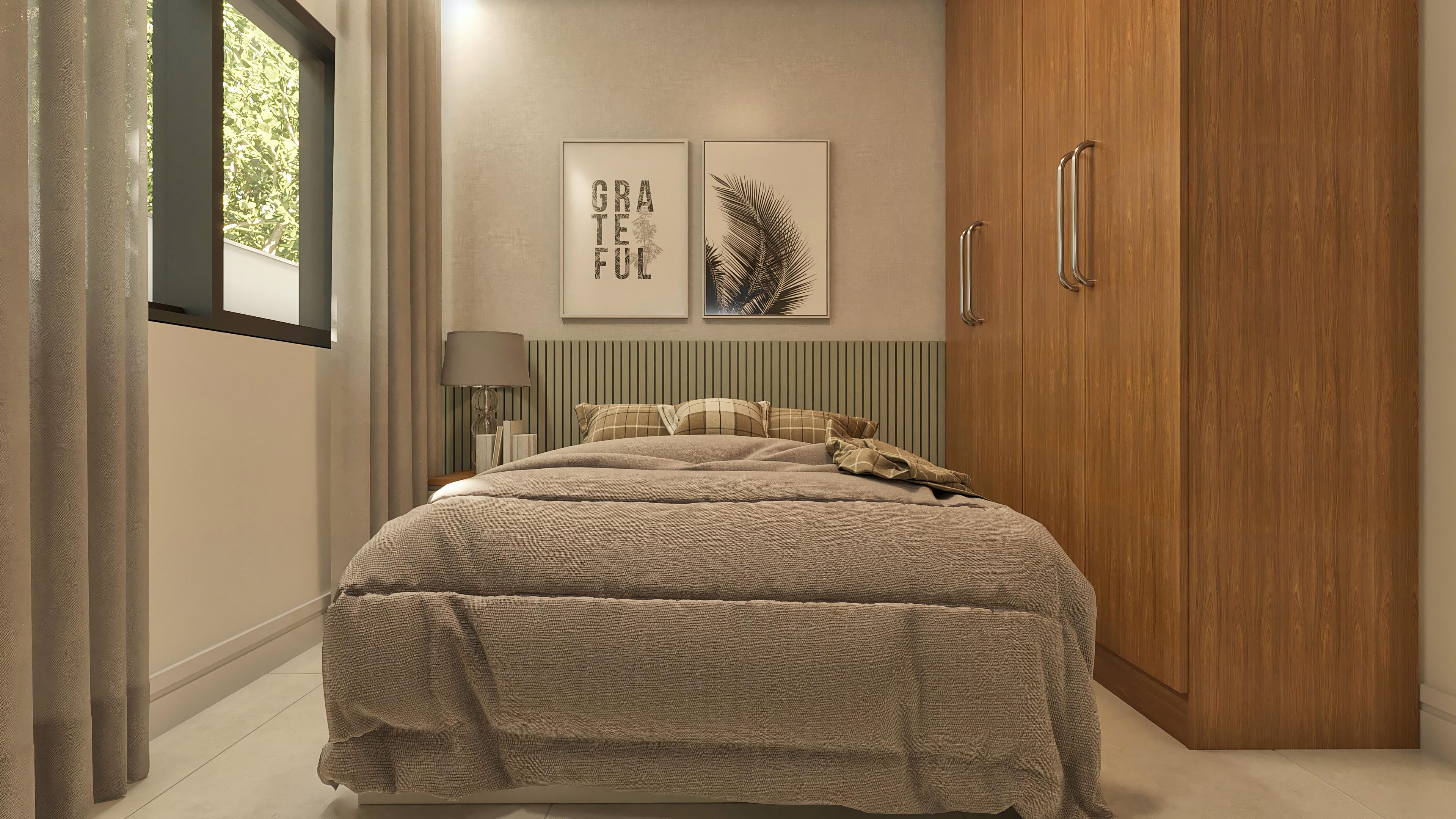 Habitación acogedora con cama de matrimonio, ropa de cama en tonos neutros, cabecero listonado verde musgo, armario planificado en madera de demolición y ventana con cortinas.