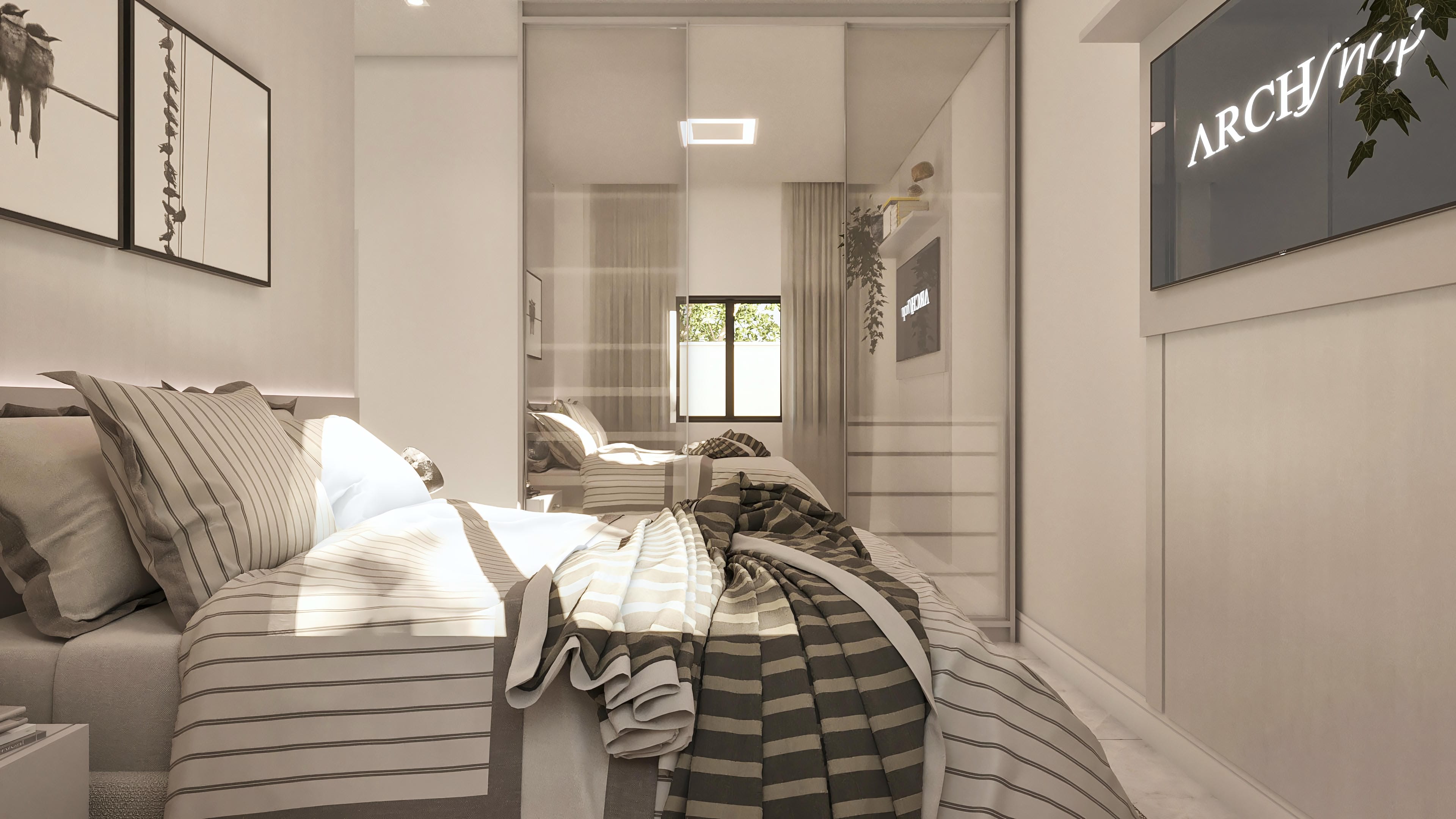 Interior de casa de dos plantas con 4 suites, destacando cama con sábanas a rayas, espejo de cuerpo entero e iluminación moderna.