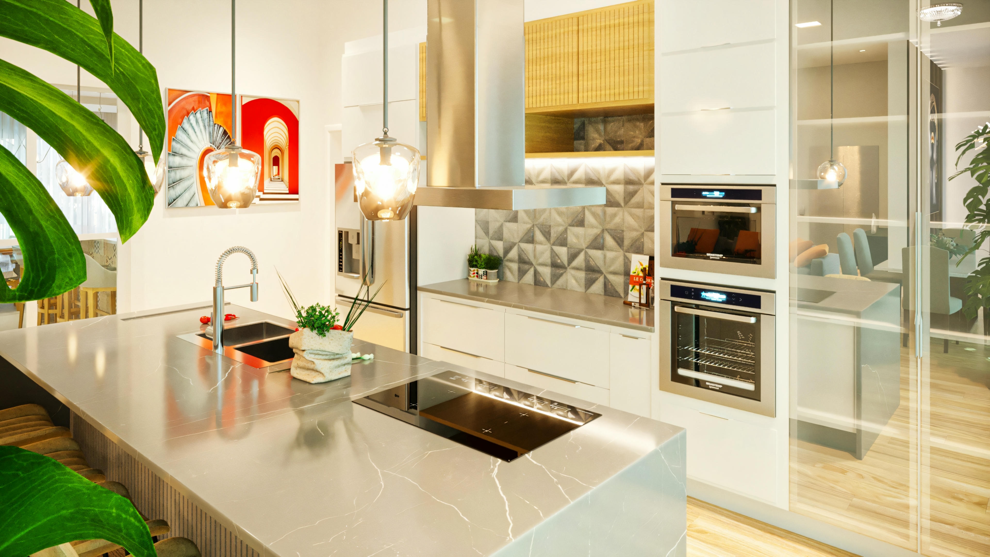 Close-up of the functional island in the gourmet kitchen of a luxury house with 3 suites, pool and gourmet area. The image highlights the cooktop, the sink integrated into the stone countertop, and state-of-the-art appliances in the background. Ideal for a luxury gourmet area with a pool, designed for amateur and professional chefs.