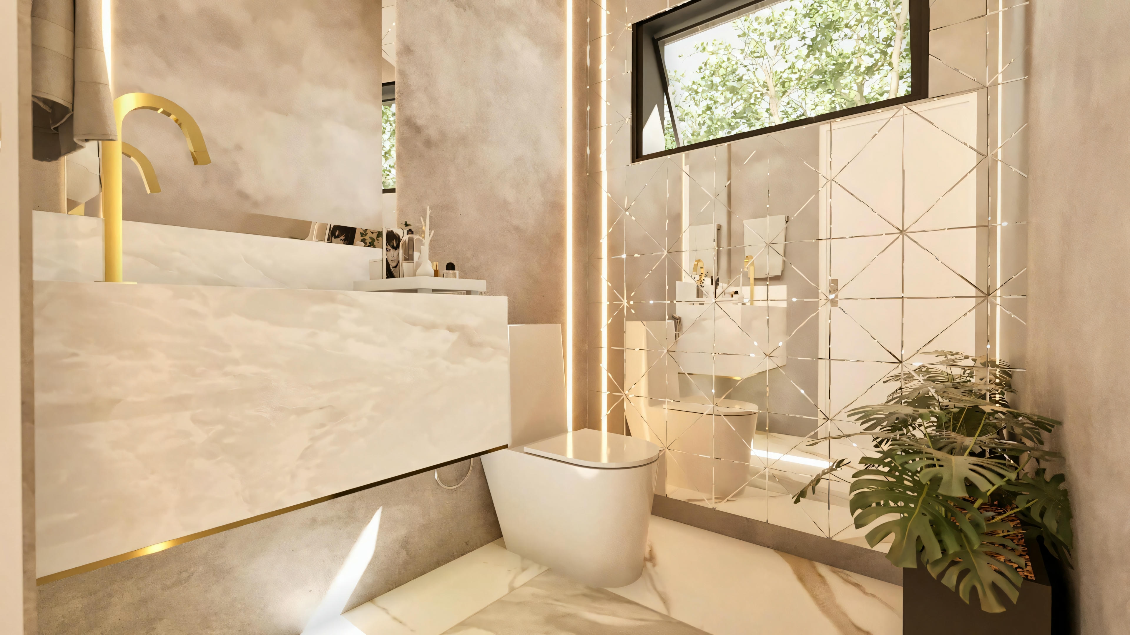 Banheiro ou lavabo do projeto de sobrado com 3 suítes, com bancada flutuante em pedra clara e torneira dourada, parede de destaque revestida com espelhos em padrão geométrico e iluminada por LED, e vaso sanitário moderno.