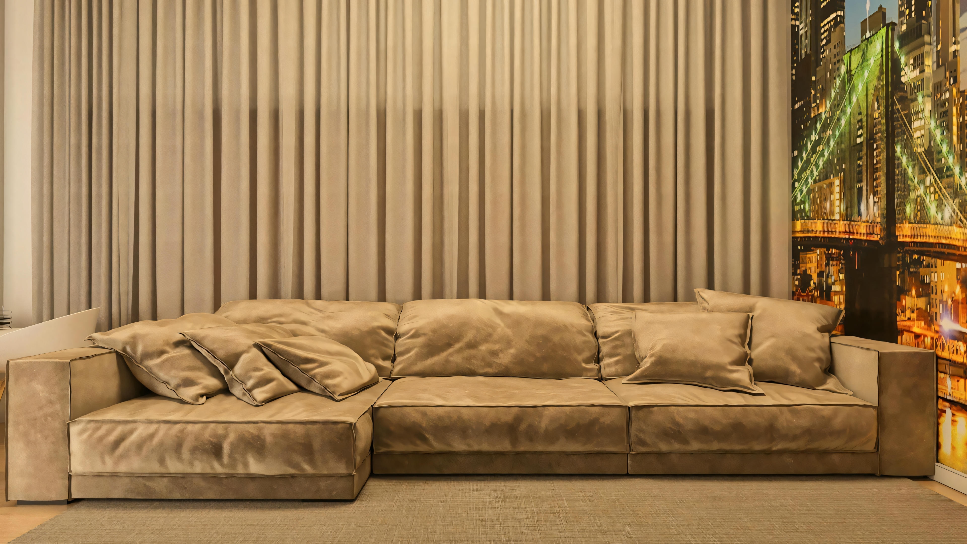 Living area in a luxury residential project, with a large L-shaped sofa, very comfortable, rug and curtains, with a decorative panel in the background.
