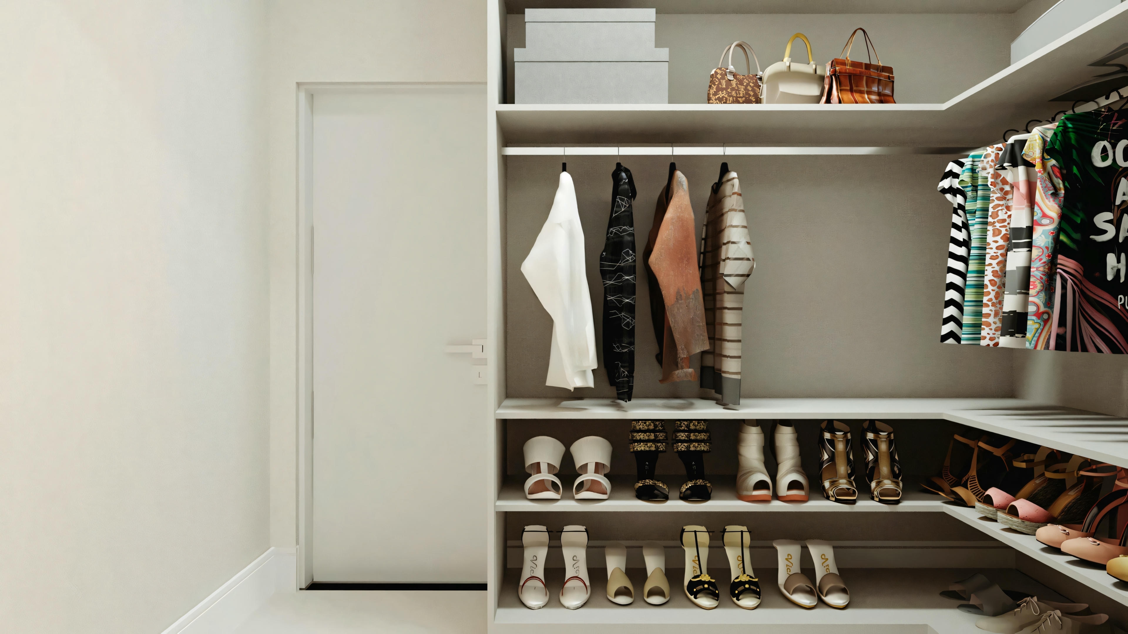 Organized closet with shelves containing clothes, shoes, and neat accessories.