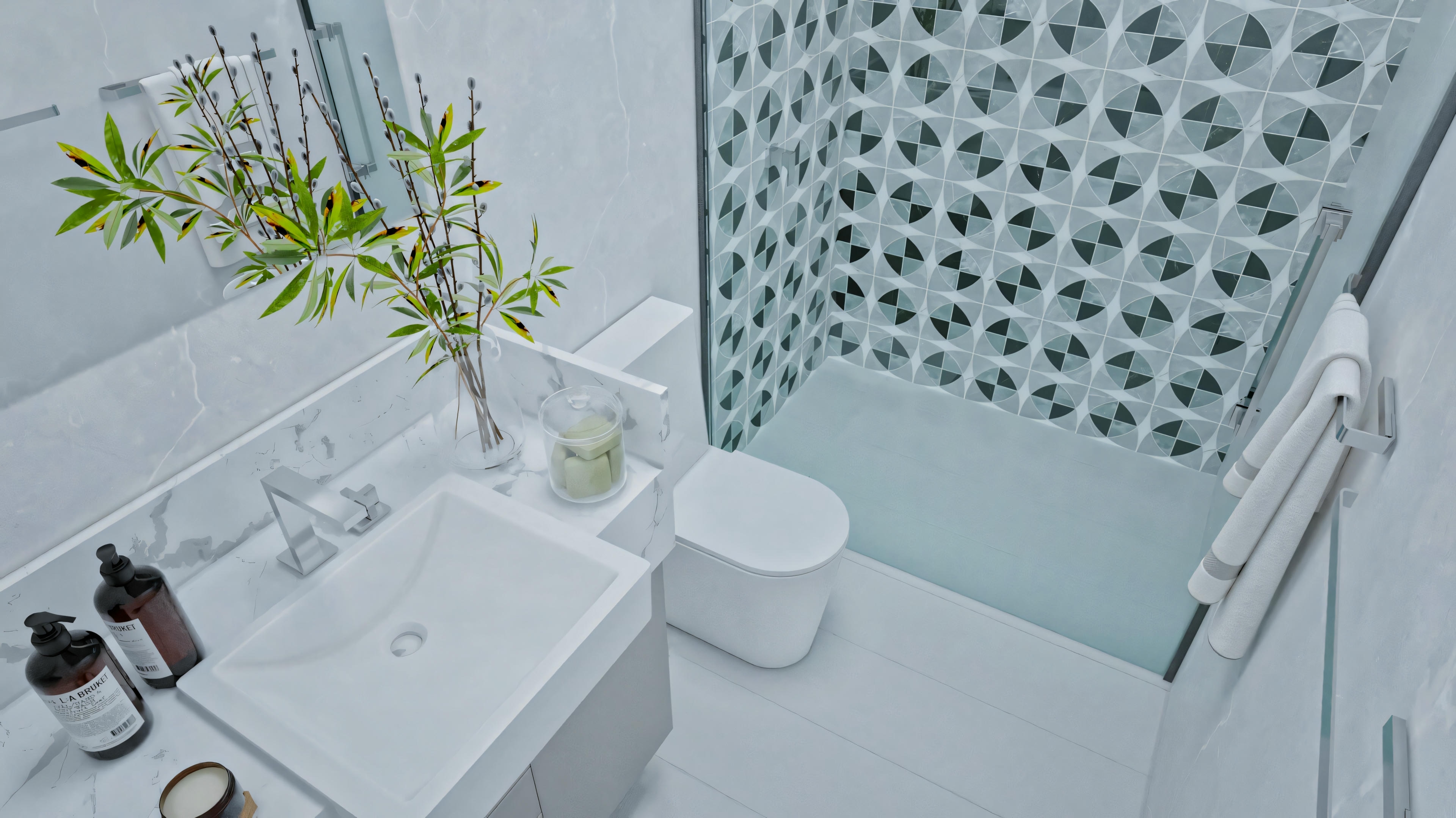 Bathroom with plants and natural light.