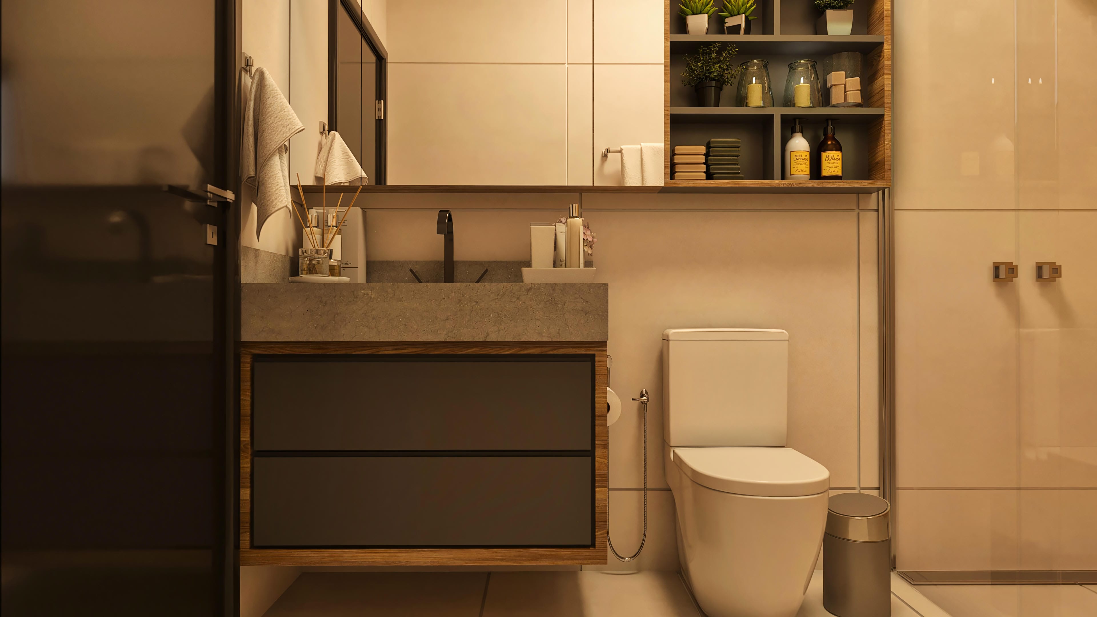 Bathroom detail with burnt cement counter, sculpted sink and black hardware. Suspended cabinet with dark-toned doors and organizing niches with decorative objects.