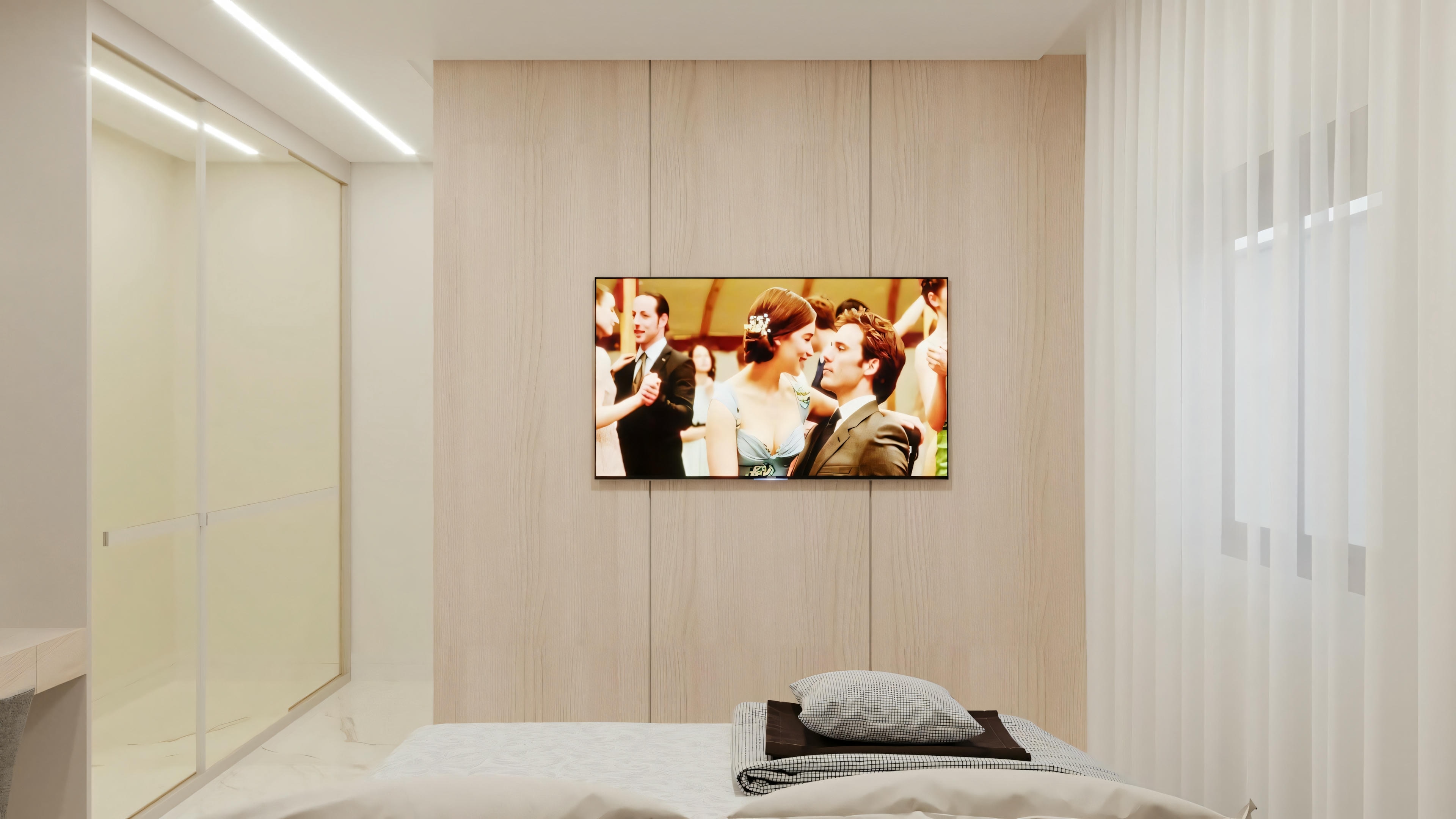 A room with a large bed, bedside tables, and a piece of art on the wall above the bed.