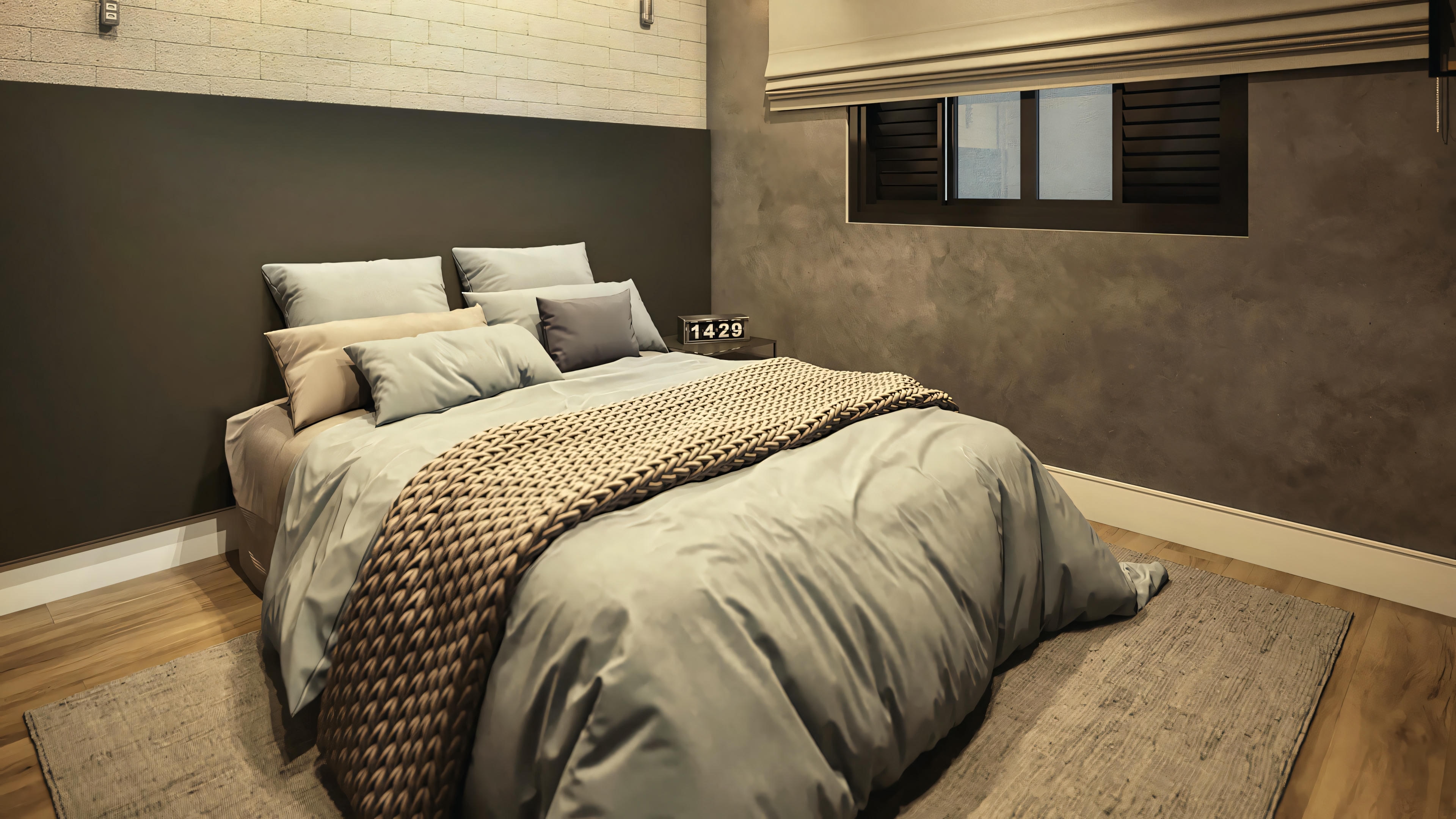 Modern bedroom with a bed covered with a checkered quilt, a dark wall with horizontal wooden panels, and narrow windows above the bed.