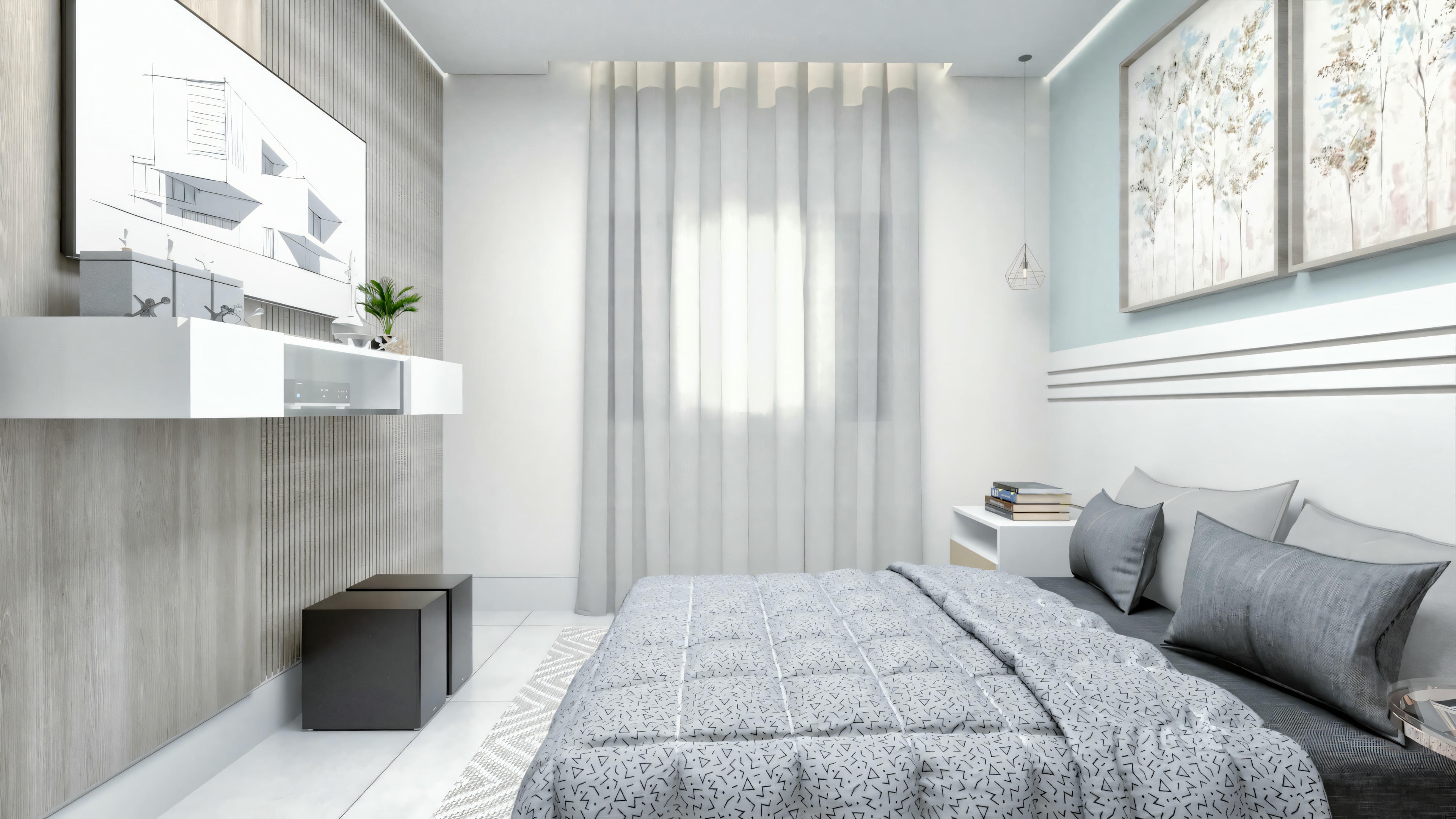 A modern bedroom with a gray bedspread, curtains, and minimalist decor.