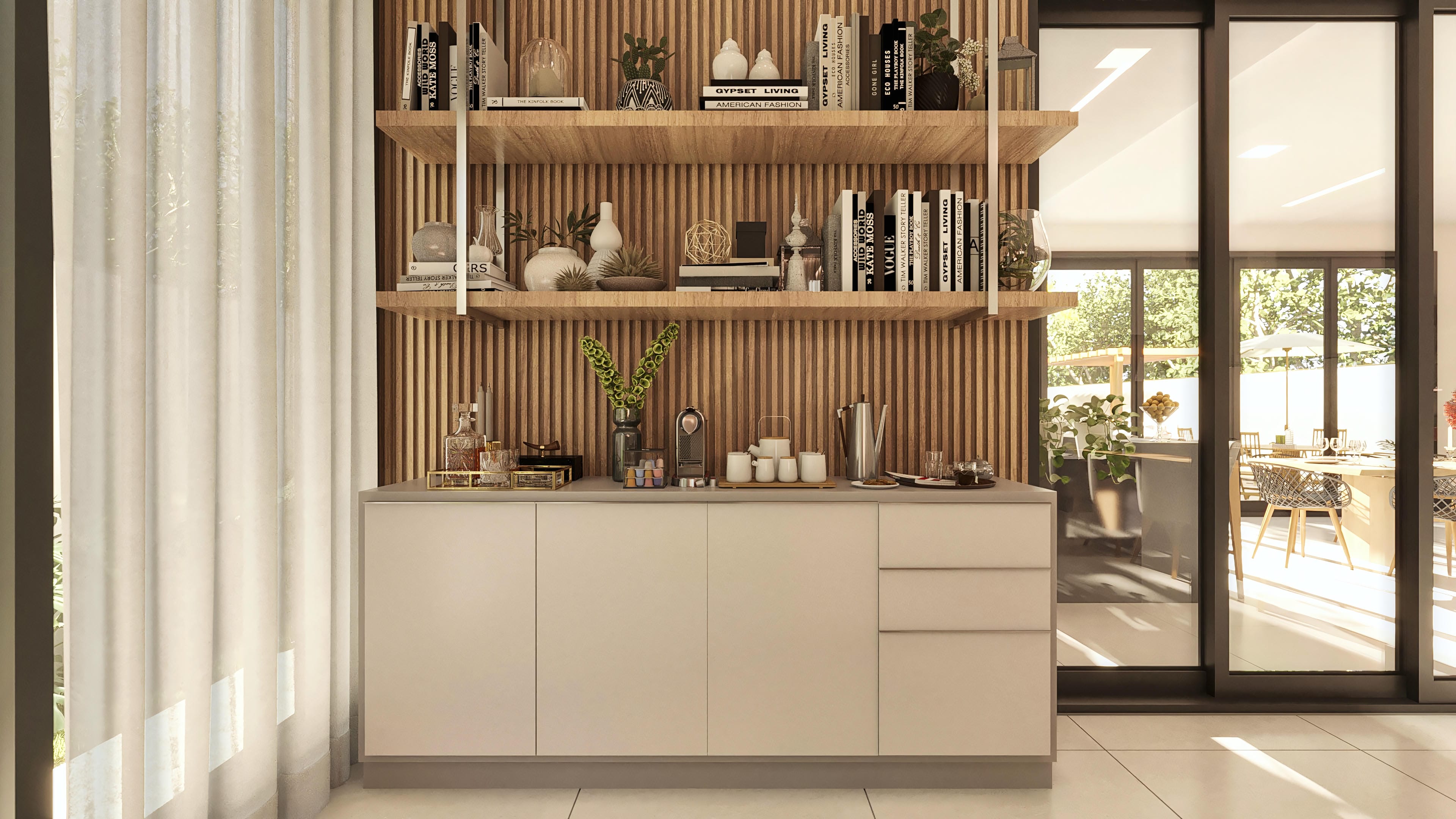 Modern rack with slatted wood panel, shelves, and custom furniture in neutral tones, integrated into an outdoor area with a view of the pool and garden.