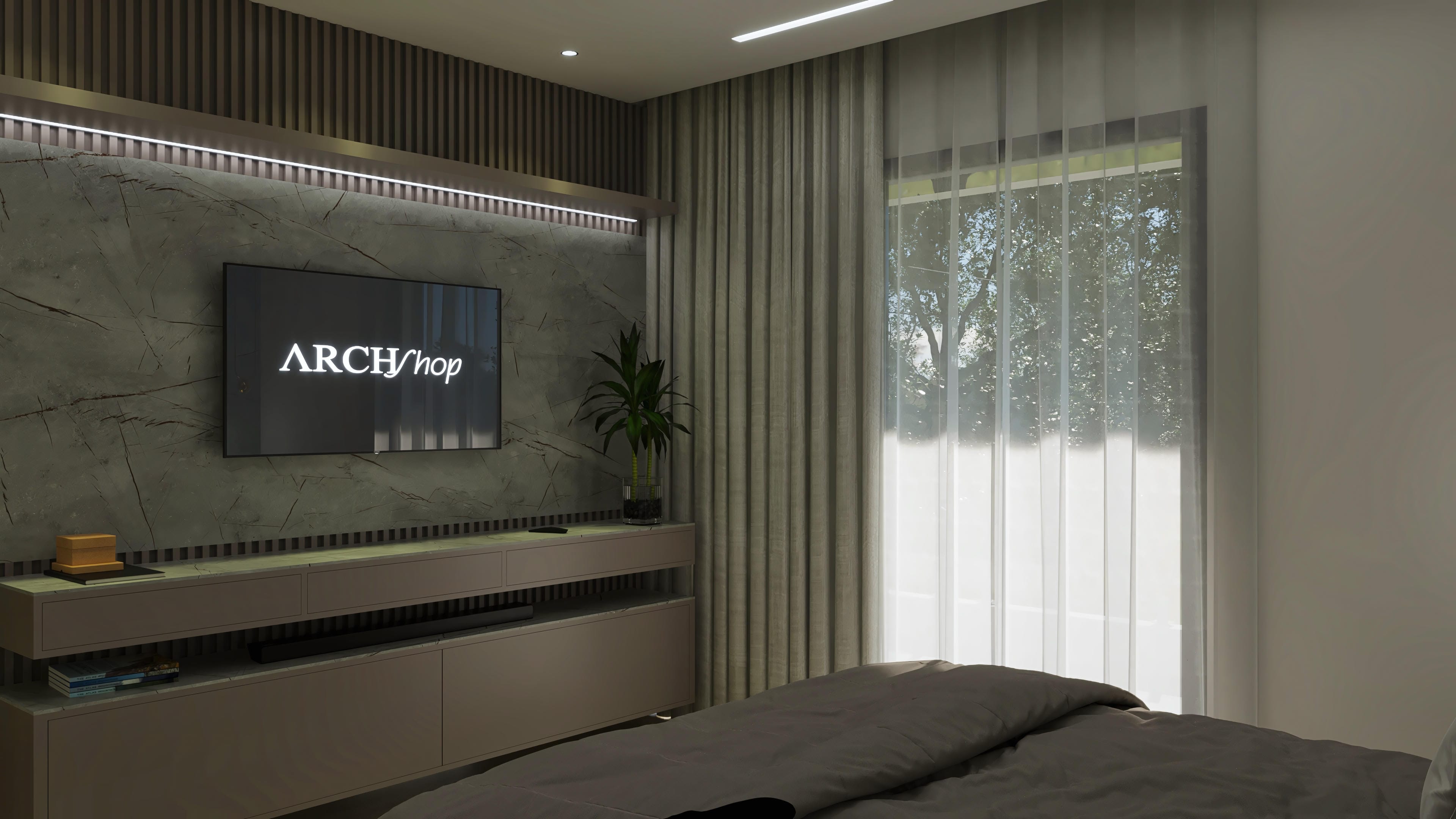 Interior of a high-end master suite with a travertine marble TV panel and LED lighting.