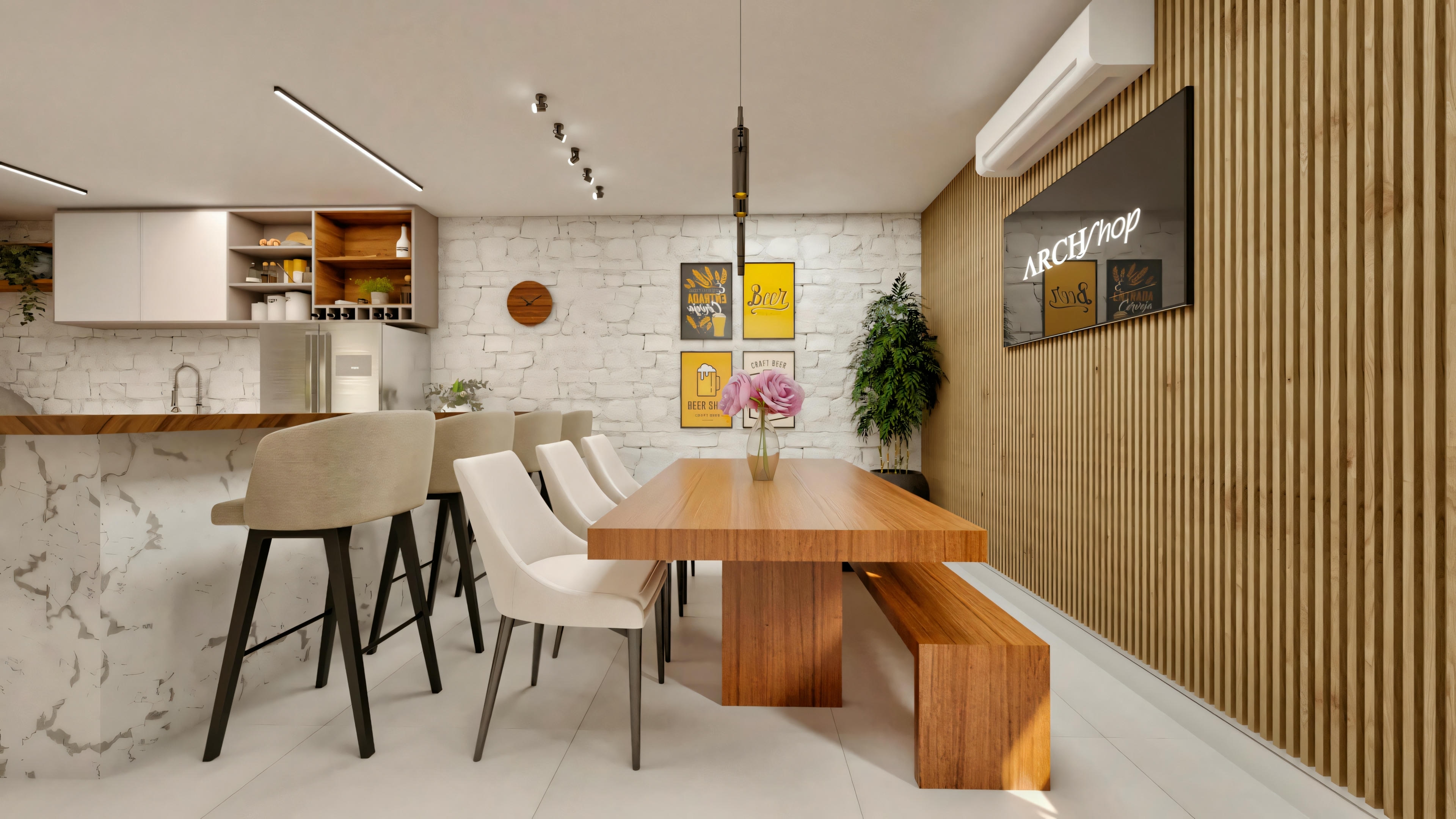 Modern dining area with a table, chairs, and decorative items on the wall.