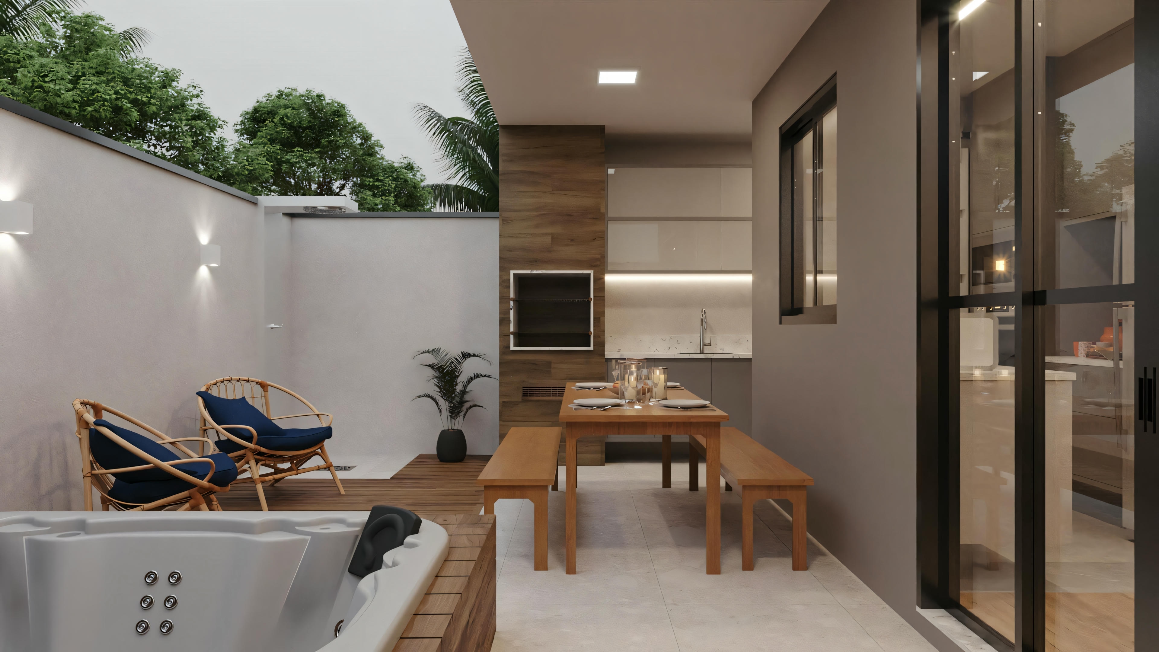 A modern outdoor gourmet area with a barbecue and seating area.